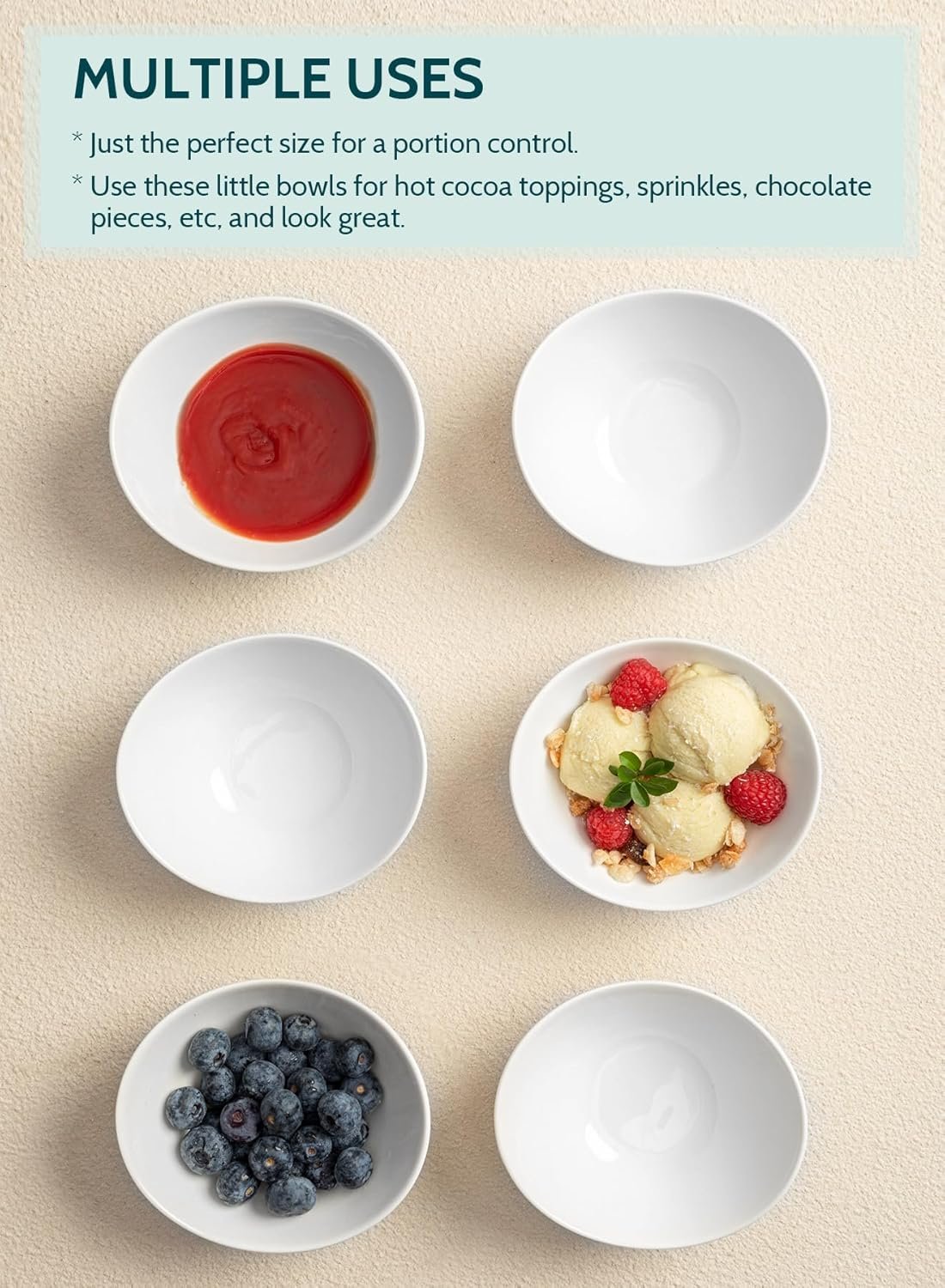 5英寸瓷质小碗套装 6盎司留学生宿舍微波速热零食甜点分装 省空间缓解思乡 白