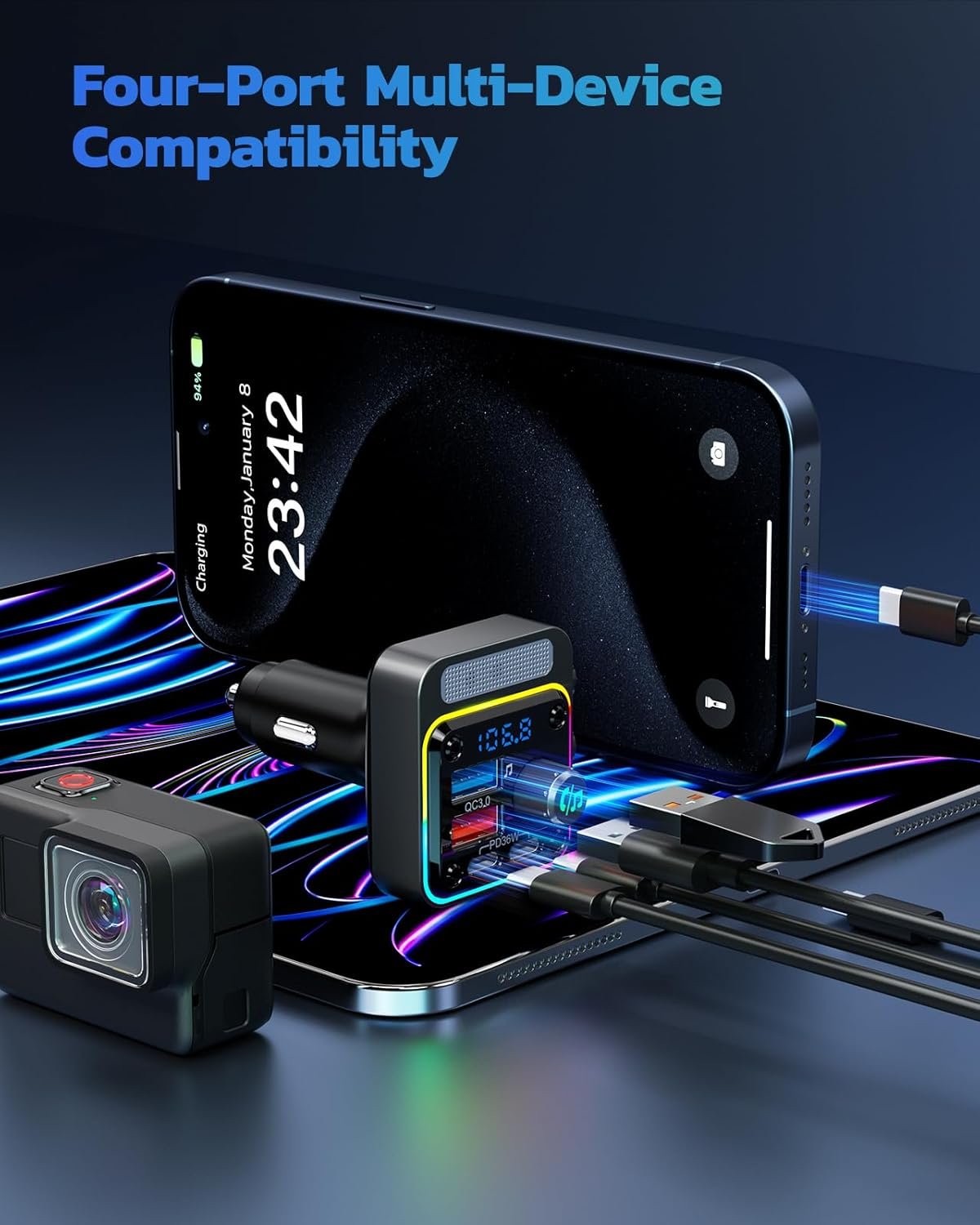 留学生海外自驾听家乡歌缓解思乡 54W蓝牙5.3车载4端口快充[PD36W&QC3.0 18W] FM无线发射器深低音播放5色LED背光免提通话支持U盘