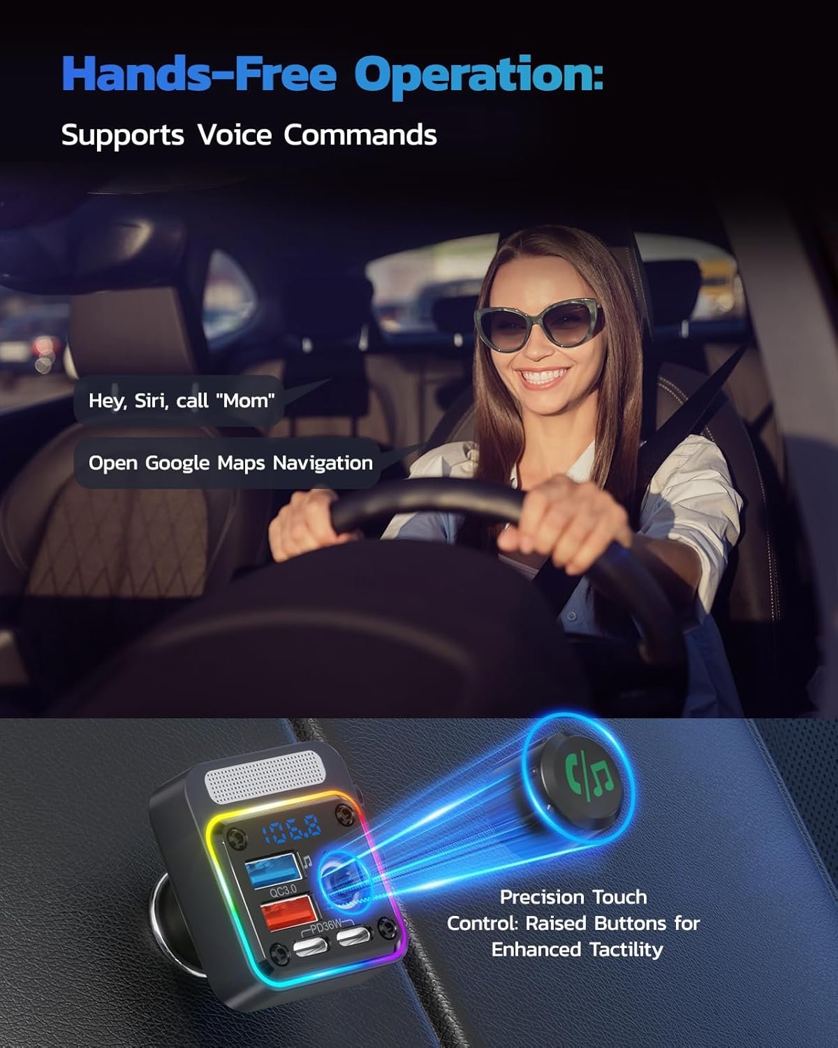 留学生海外自驾听家乡歌缓解思乡 54W蓝牙5.3车载4端口快充[PD36W&QC3.0 18W] FM无线发射器深低音播放5色LED背光免提通话支持U盘