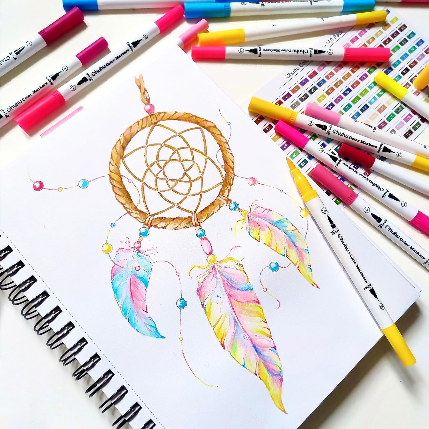 不渗色160色双头马克笔 留学生宿舍手绘日记解压神器 水基细线刷头着色绘本手写专用