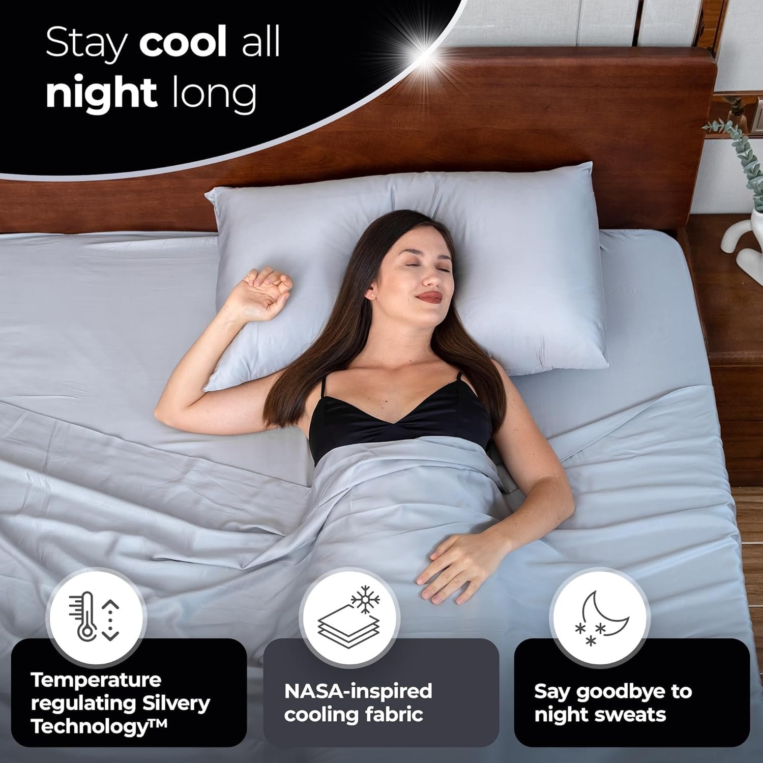 留学生宿舍凉爽卫生好眠 - 自冷却银离子自清洁枕套2件套 丝滑舒适灰色Queen尺寸