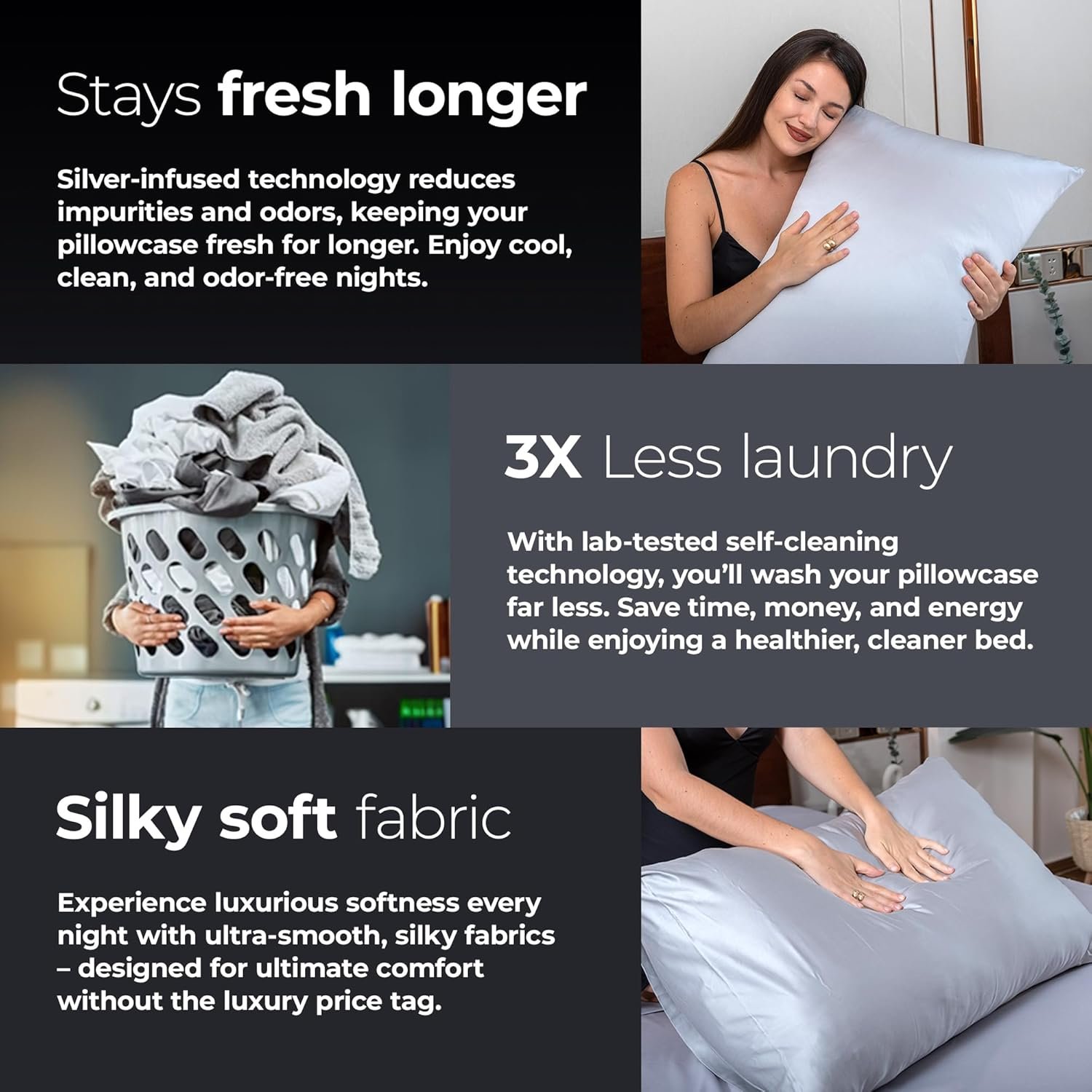 留学生宿舍凉爽卫生好眠 - 自冷却银离子自清洁枕套2件套 丝滑舒适灰色Queen尺寸