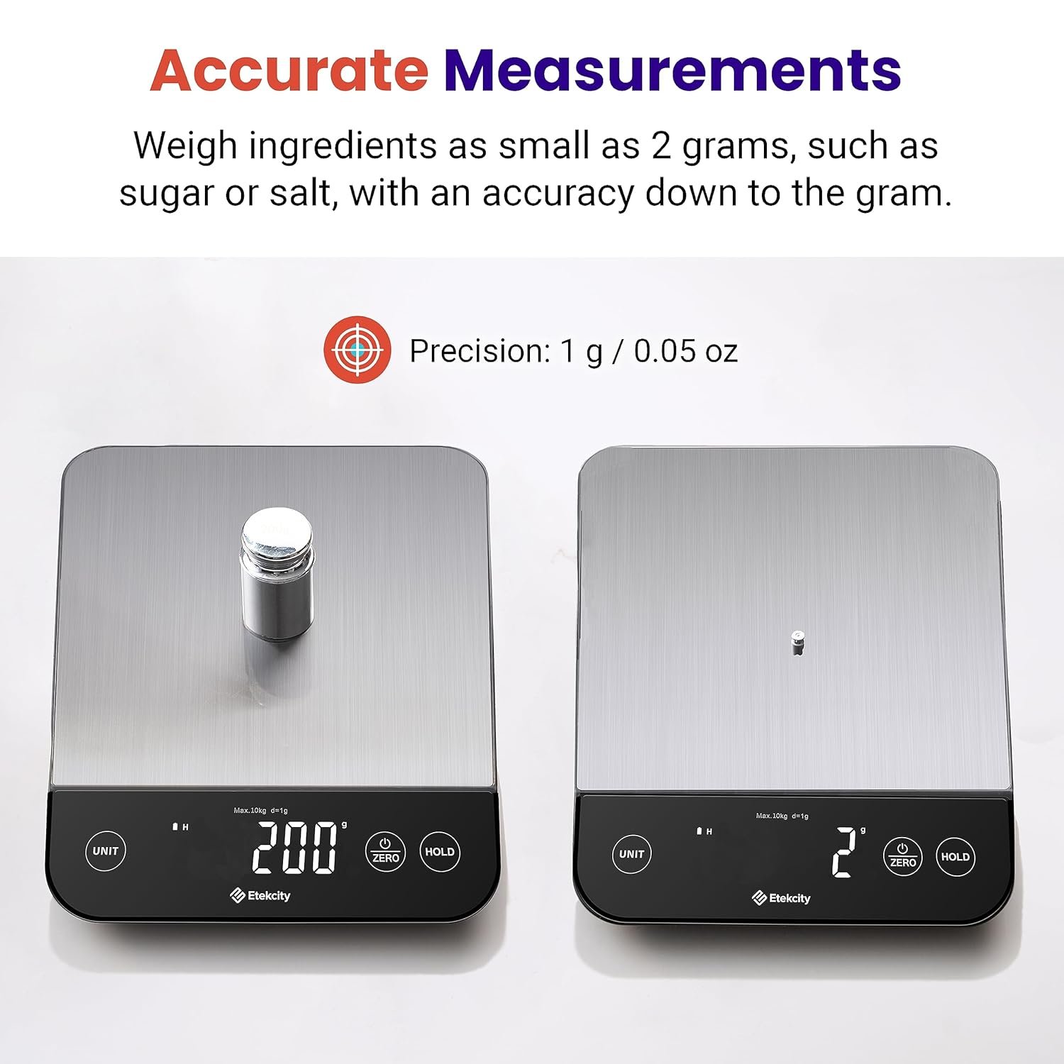 留学生小厨房家乡菜精准称量 数字食物秤1g/0.05oz克盎司5单位减肥烘焙 IPX6防水USB充电304不锈钢银10kg