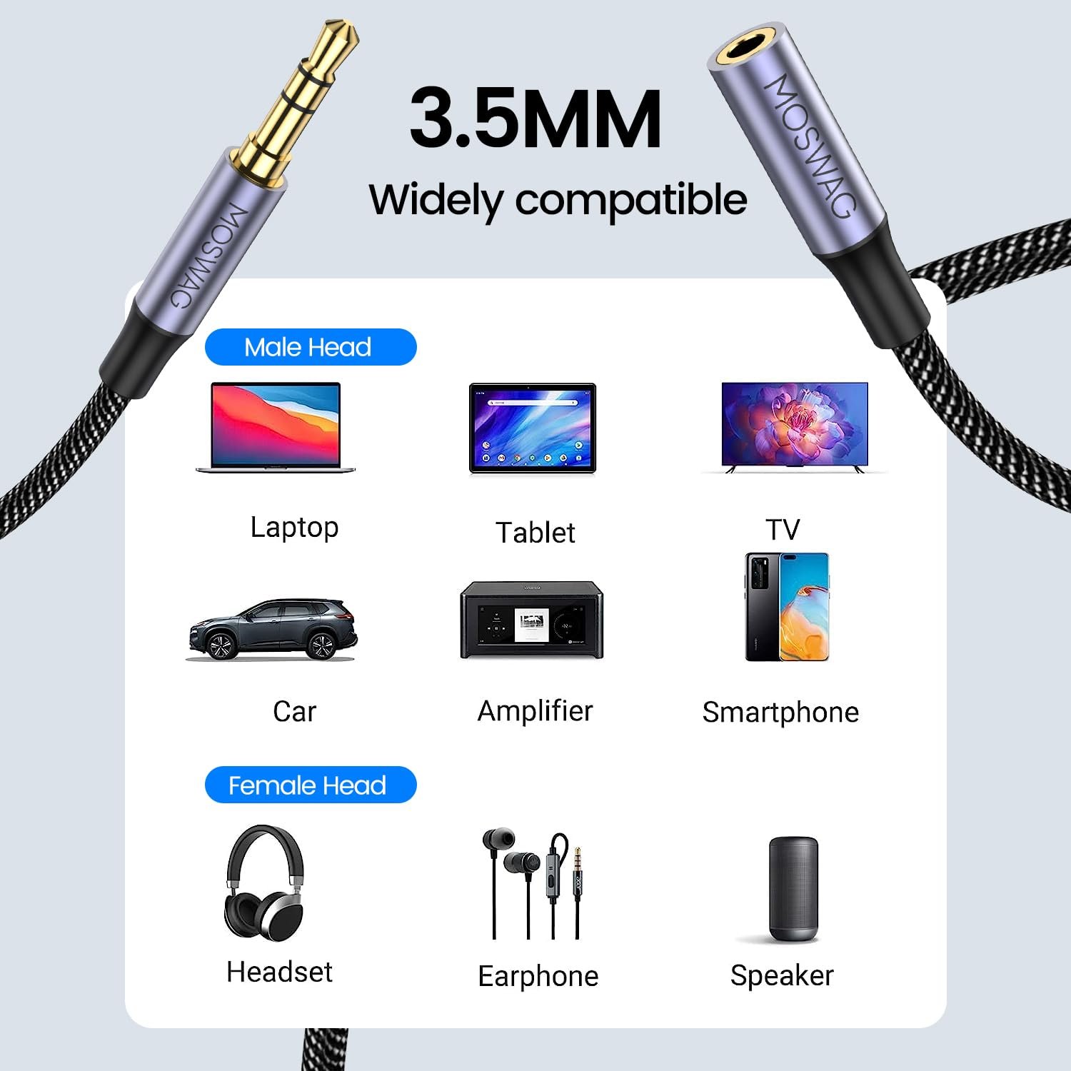 3.5mm 2米尼龙编织音频延长线 公对母立体声适配器 兼容手机耳机音响平板 - 留学生宿舍躺床听家乡歌 手机书桌充电不断线