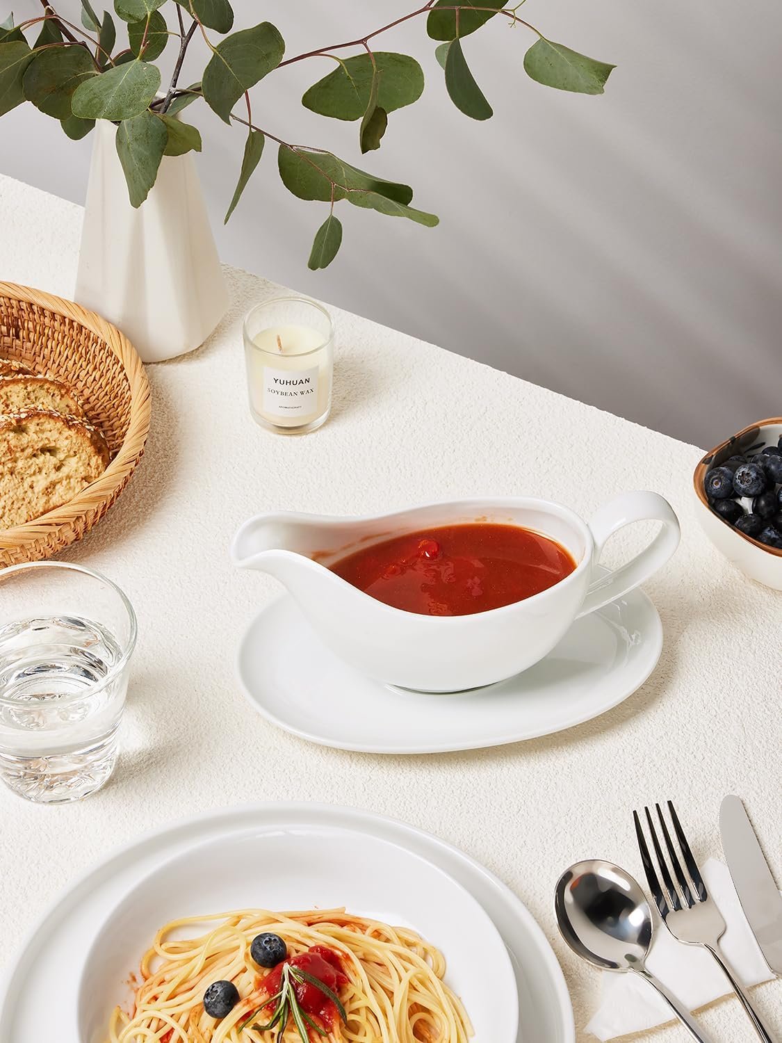 18盎司白色陶瓷浇汁船带托盘，留学生公寓感恩餐火鸡酱汁盛放利器，沙拉酱奶油肉汤皆宜微波洗碗安全