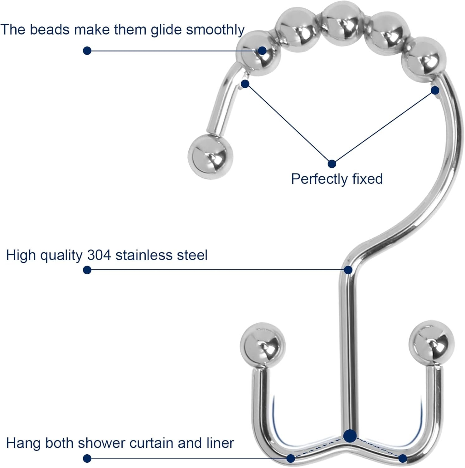 留学生宿舍浴室速挂神器：不锈钢双面淋浴帘钩 12件套 铬色防滑耐锈