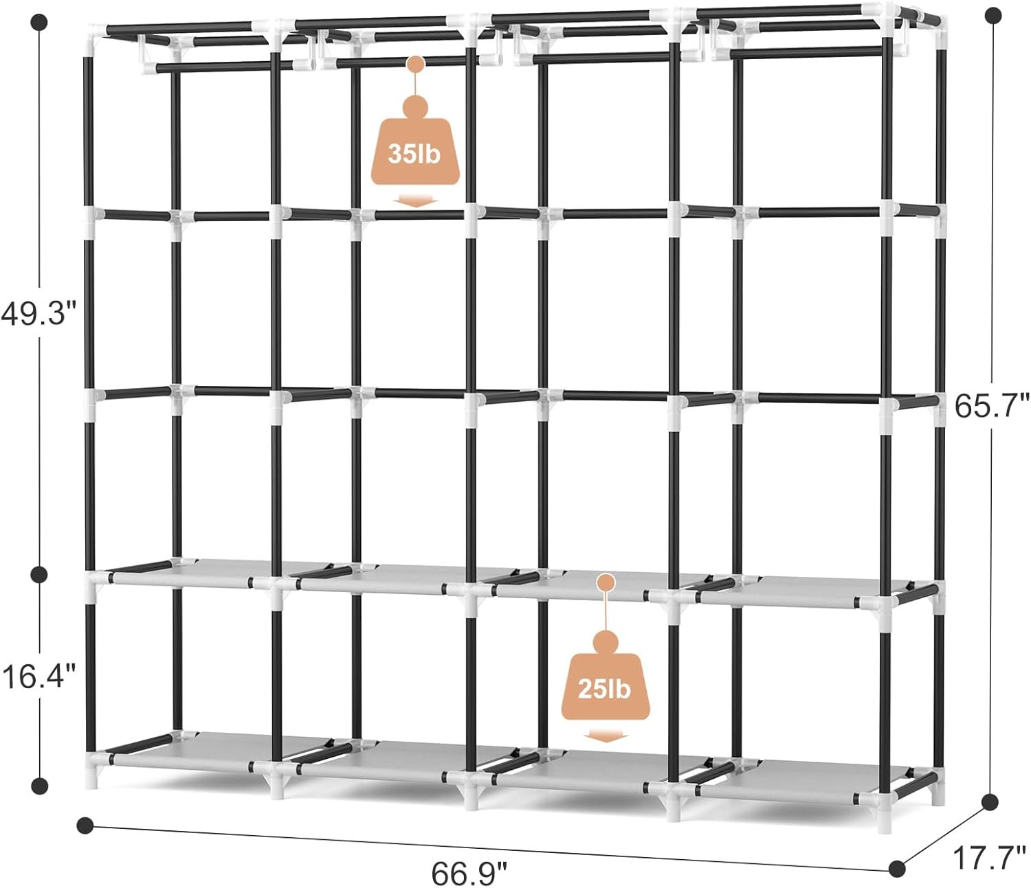 67英寸宽大容量便携式挂衣衣柜 留学生宿舍瞬间变整齐卧室 有盖4储物架4挂杆坚固独立黑色