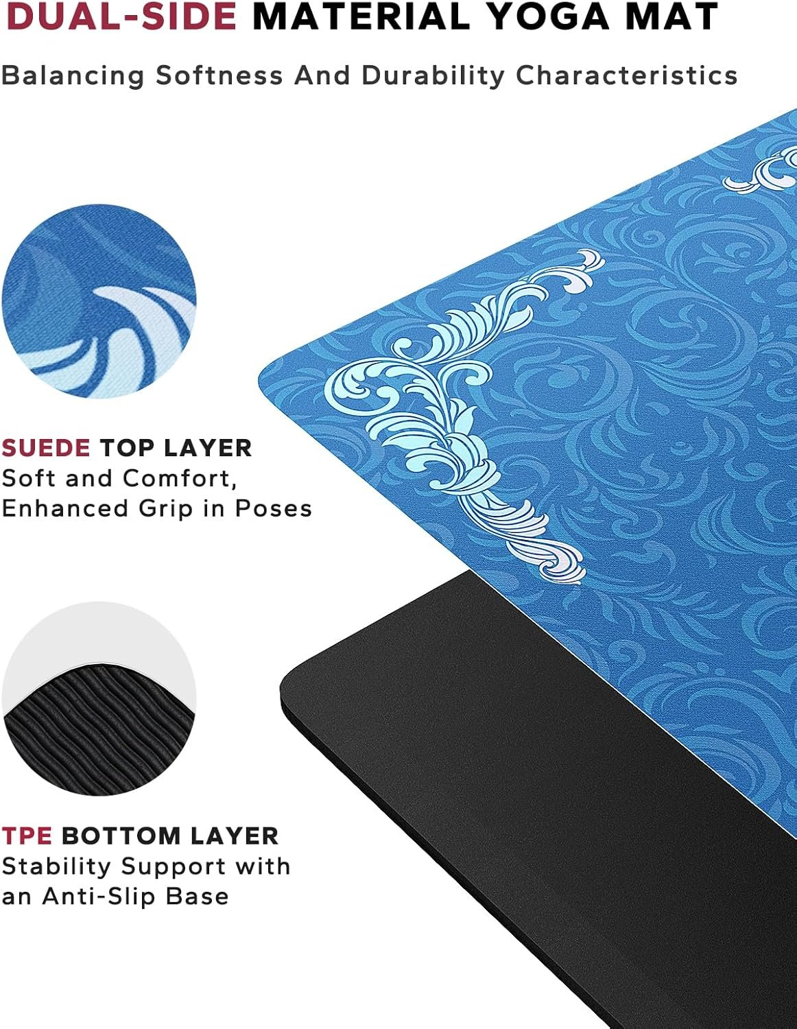 72x36英寸超宽瑜伽垫 留学生宿舍小窝放松神器 不滑麂皮TPE双层 1/4英寸厚缓冲支撑 瑜伽普拉提家居健身