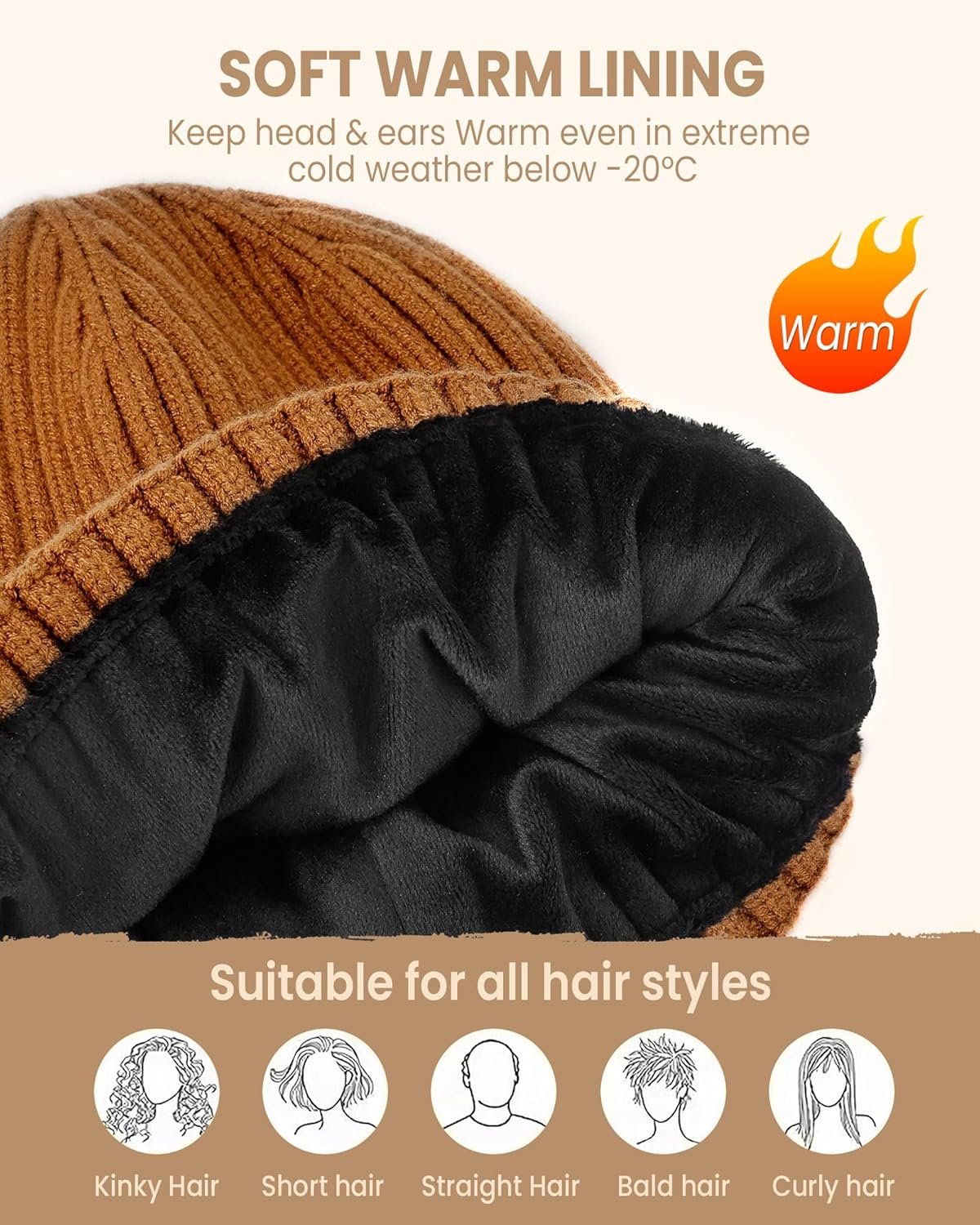 留学生海外冬日街头通勤保暖毛帽 男女Fleece内衬针织翻边滑雪帽