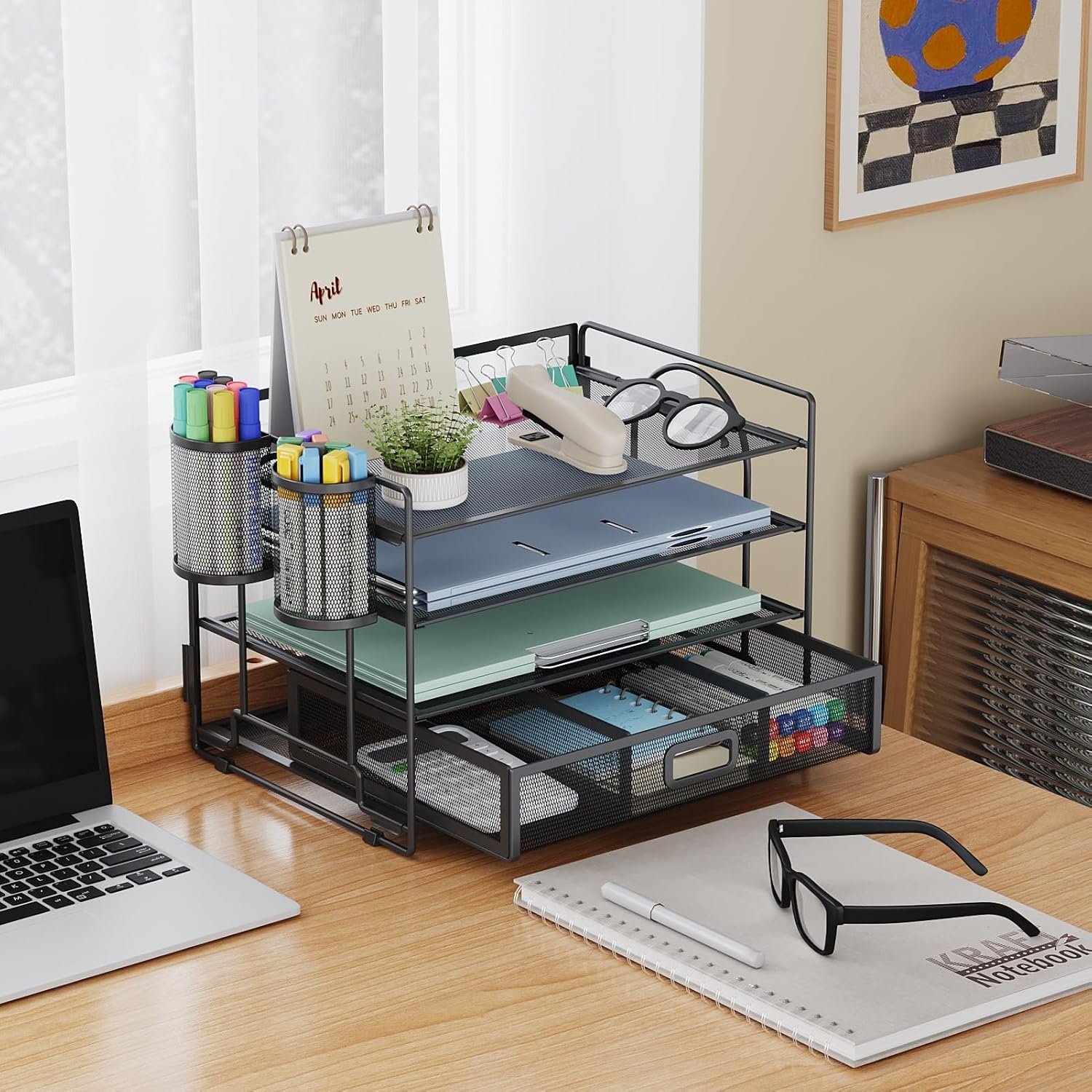 4层桌面文件收纳架 带抽屉双笔筒 留学生宿舍作业笔记瞬间整洁 黑
