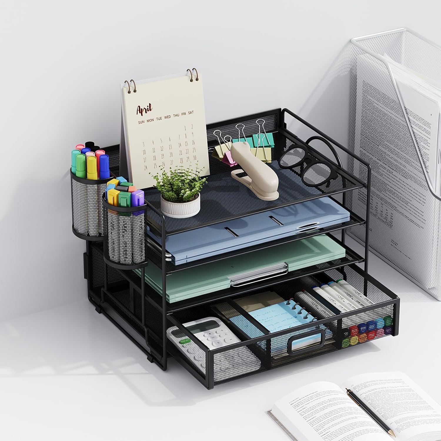 4层桌面文件收纳架 带抽屉双笔筒 留学生宿舍作业笔记瞬间整洁 黑