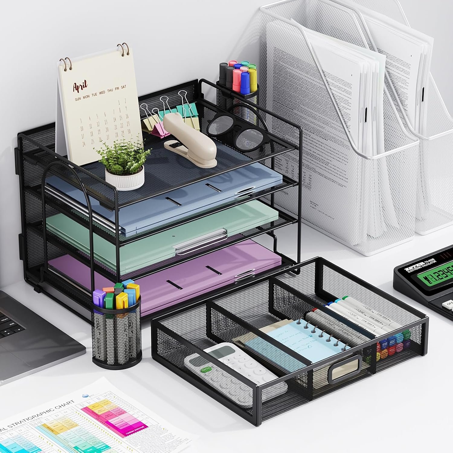 4层桌面文件收纳架 带抽屉双笔筒 留学生宿舍作业笔记瞬间整洁 黑