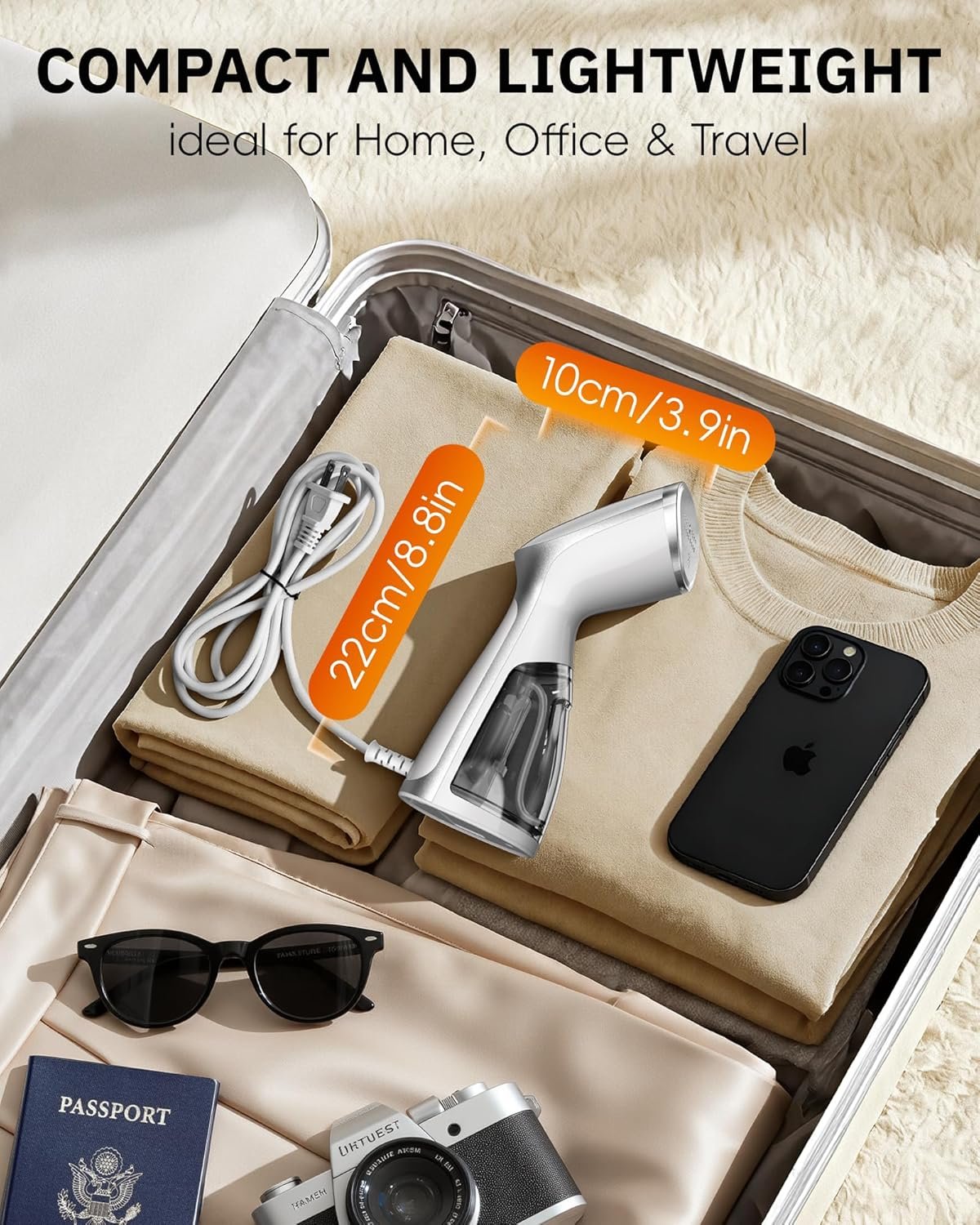 便携手持衣物蒸汽熨斗 留学生宿舍速烫除皱 1000W强渗透蒸汽 一键整洁出门自信满满 (仅120V)-白色