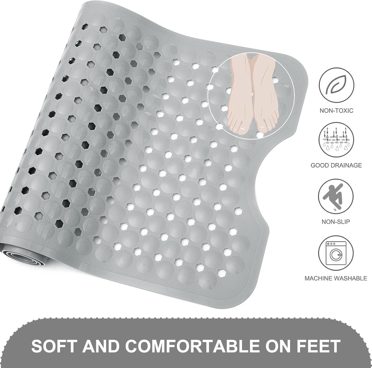 留学生公寓浴室防滑安全垫 40x16英寸超大浴缸淋浴垫 吸盘固定排水孔机洗灰色