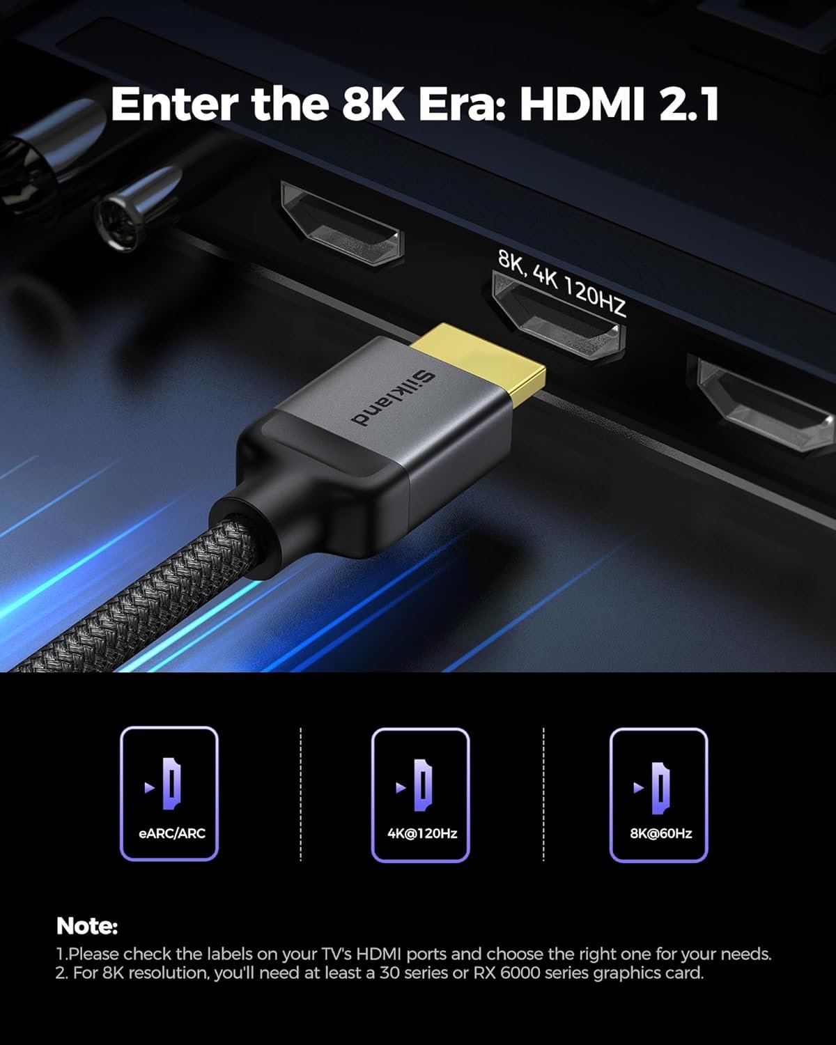 3米HDMI 2.1超高速电缆 48Gbps[8K@60Hz 4K@240Hz 120Hz]升级编织 HDR10 eARC HDCP2.2/2.3 留学生宿舍瞬间连通PS5/Xbox/Soundbar/Roku TV高清游戏影音