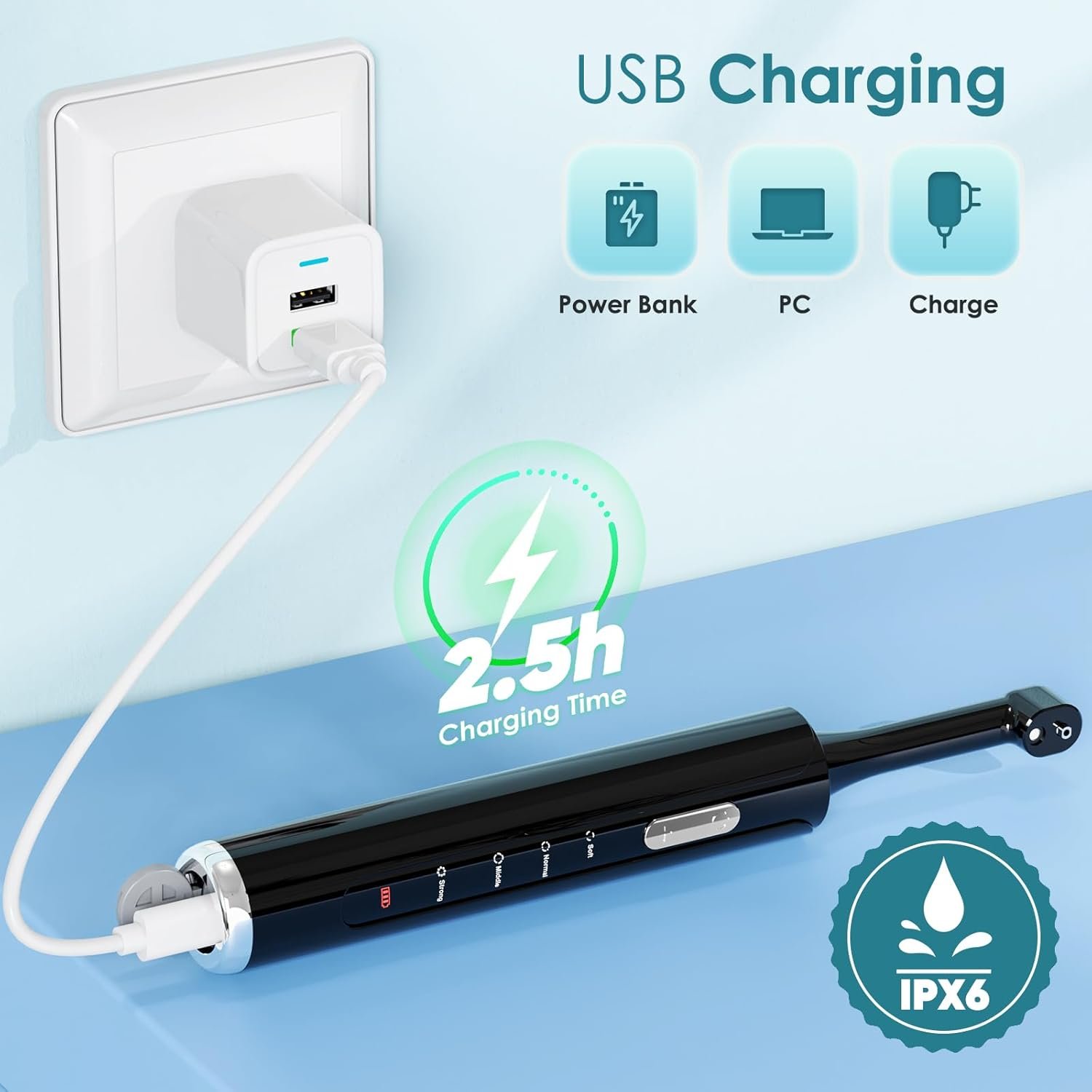 留学生宿舍牙齿抛光器，5刷头4速LED美白速洁，IPX6防水+3抛光膏忙碌早晨自信笑容