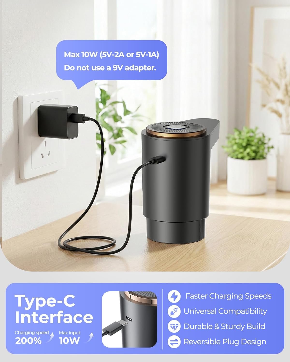 5加仑水桶电动泵 - 留学生宿舍厨房一键速取饮水 USB-C充电双强力电机快速出水 适配2-5加仑便携黑