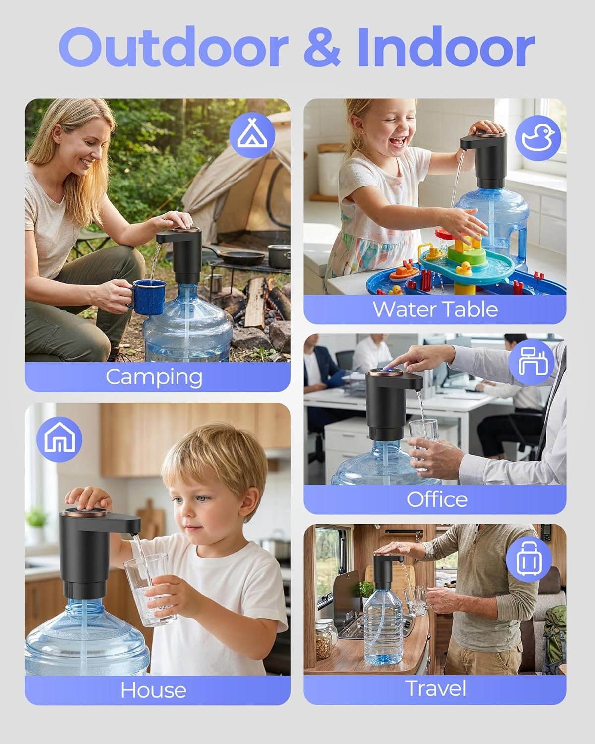 5加仑水桶电动泵 - 留学生宿舍厨房一键速取饮水 USB-C充电双强力电机快速出水 适配2-5加仑便携黑