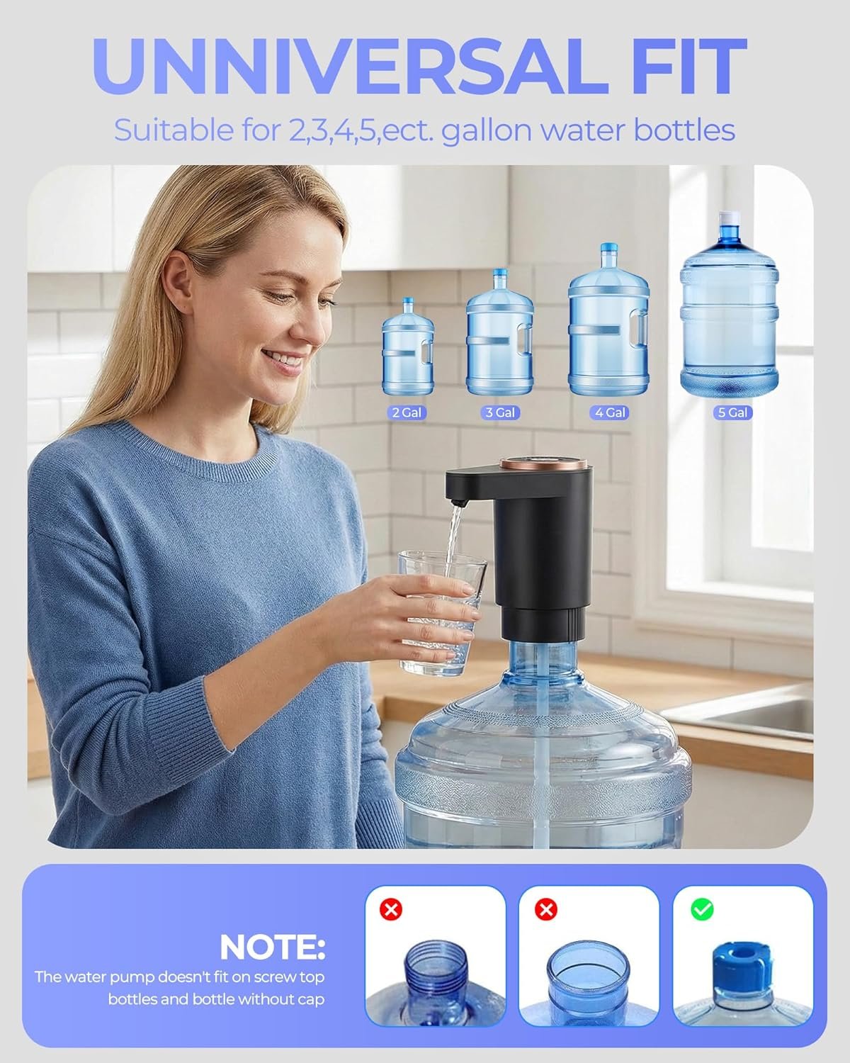 5加仑水桶电动泵 - 留学生宿舍厨房一键速取饮水 USB-C充电双强力电机快速出水 适配2-5加仑便携黑