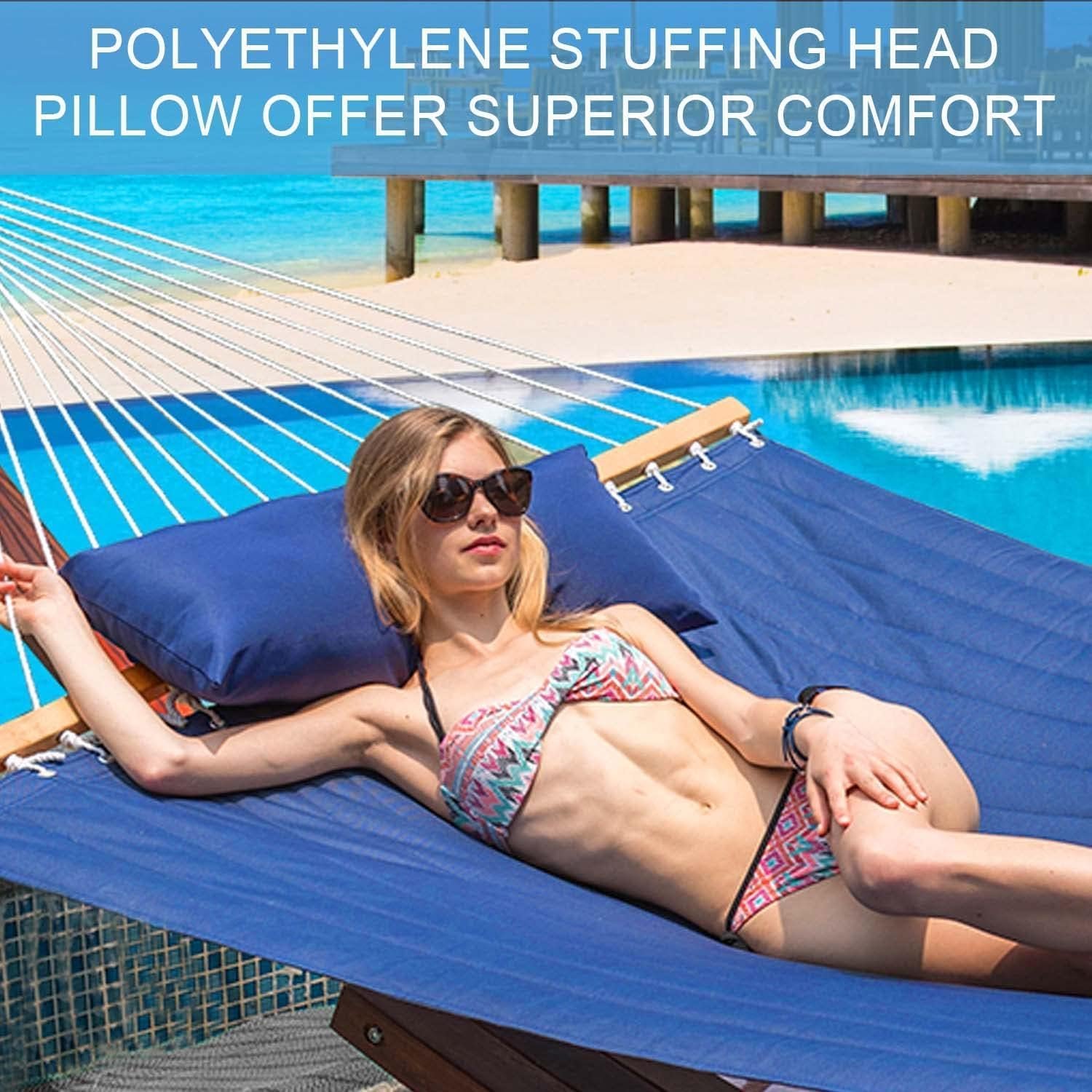 12英尺双人绗缝吊床 带撑杆可拆枕头 450磅承重 海军蓝 留学生宿舍阳台午休解压