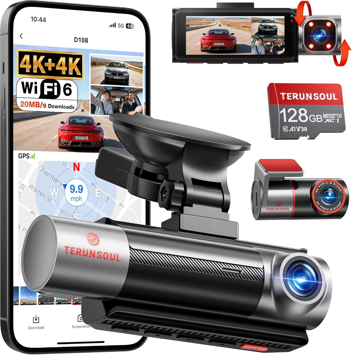 4K+4K+1080P三通道行车记录仪：留学生海外租车自驾守护神，24H停车监控+IR夜视GPS全程记录，出行证据随时有，公寓停车防刮蹭超省心
