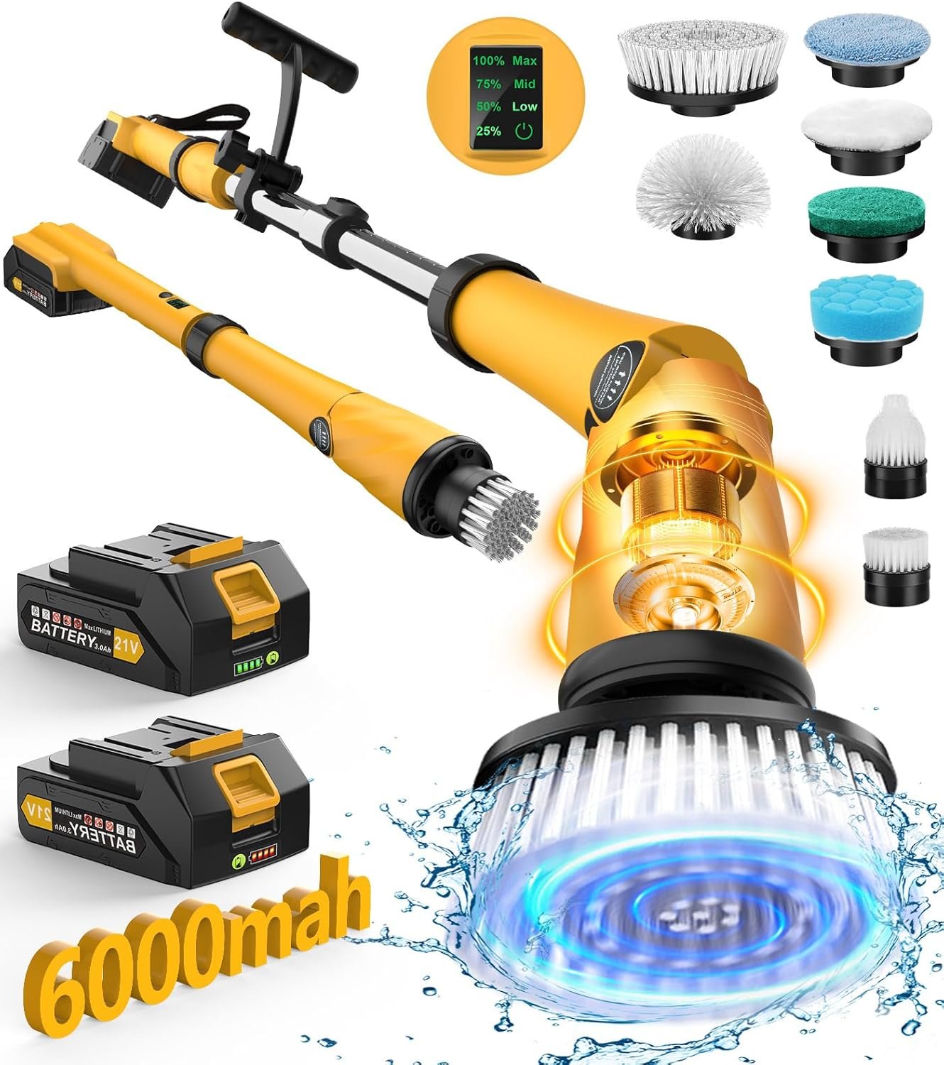 6000mAh电动旋转清洁刷 超大刷头8刷头套装 留学生租房浴室地板快速清洁神器 1200转速一键搞定退押金省时赶due