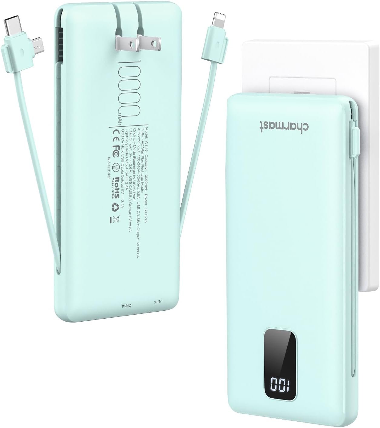 内置电缆10000mAh USB C快充充电宝 留学生熬夜赶due租房旅行手机续航神器 随身省心不断电
