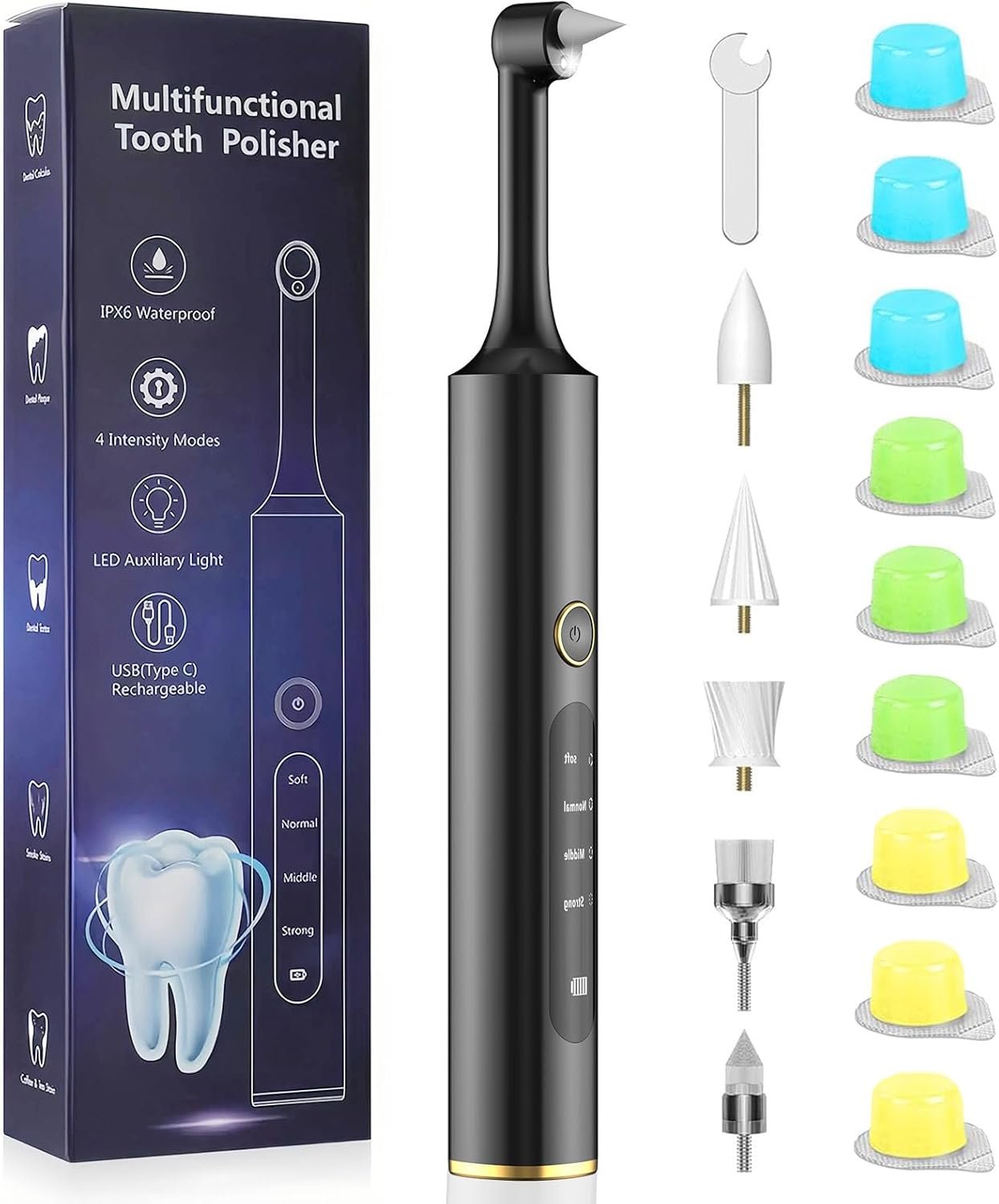 可充电牙齿抛光器 5刷头9抛光膏4速模式IPX6防水LED灯 留学生宿舍镜前速效清洁美白套装 节省牙医费自信闪耀笑容