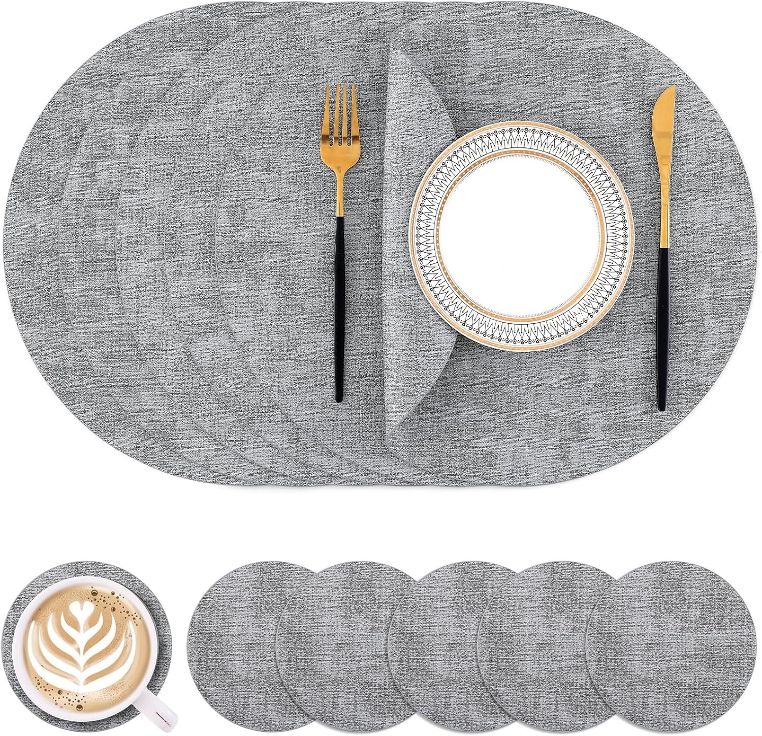 圆形仿皮餐垫杯垫套装6件 双面可洗耐热防水 留学生海外小公寓热锅直上桌保护租房桌面 浅灰13/3.93寸