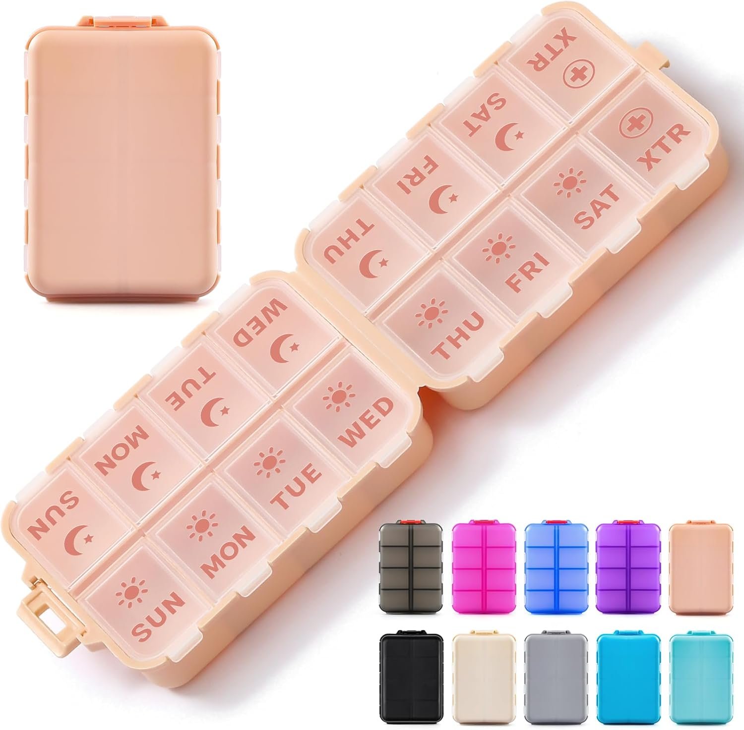 折叠一周AM PM药盒：留学生熬夜赶due旅行不忘补维生素的租房省心助手 - 粉色刻字标签额外2格便携盒