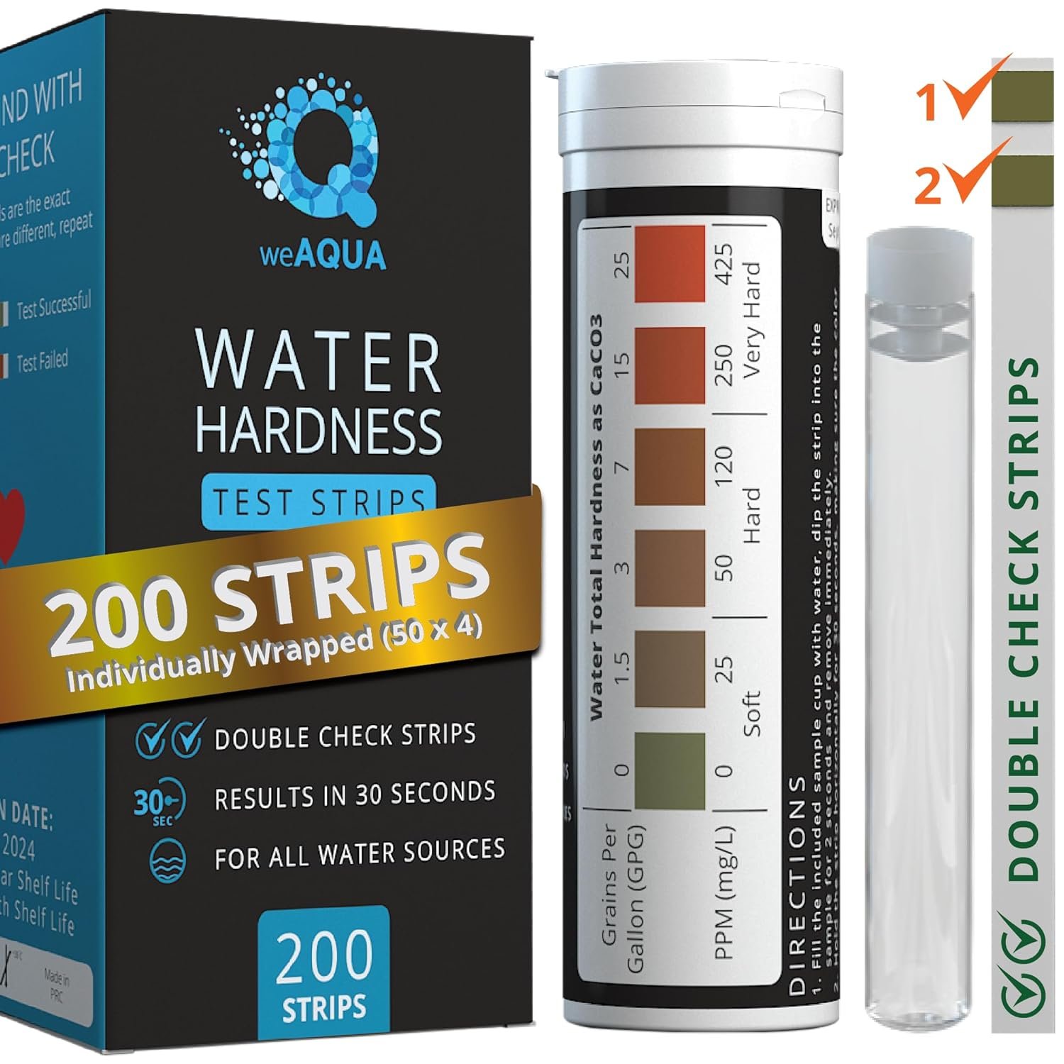 水硬度测试套装 200条带样杯 - 硬水测试条 (0-25 gpg / 0-425 ppm)：留学生租房水质守护神器，精准检测告别水垢肌肤干燥家电故障