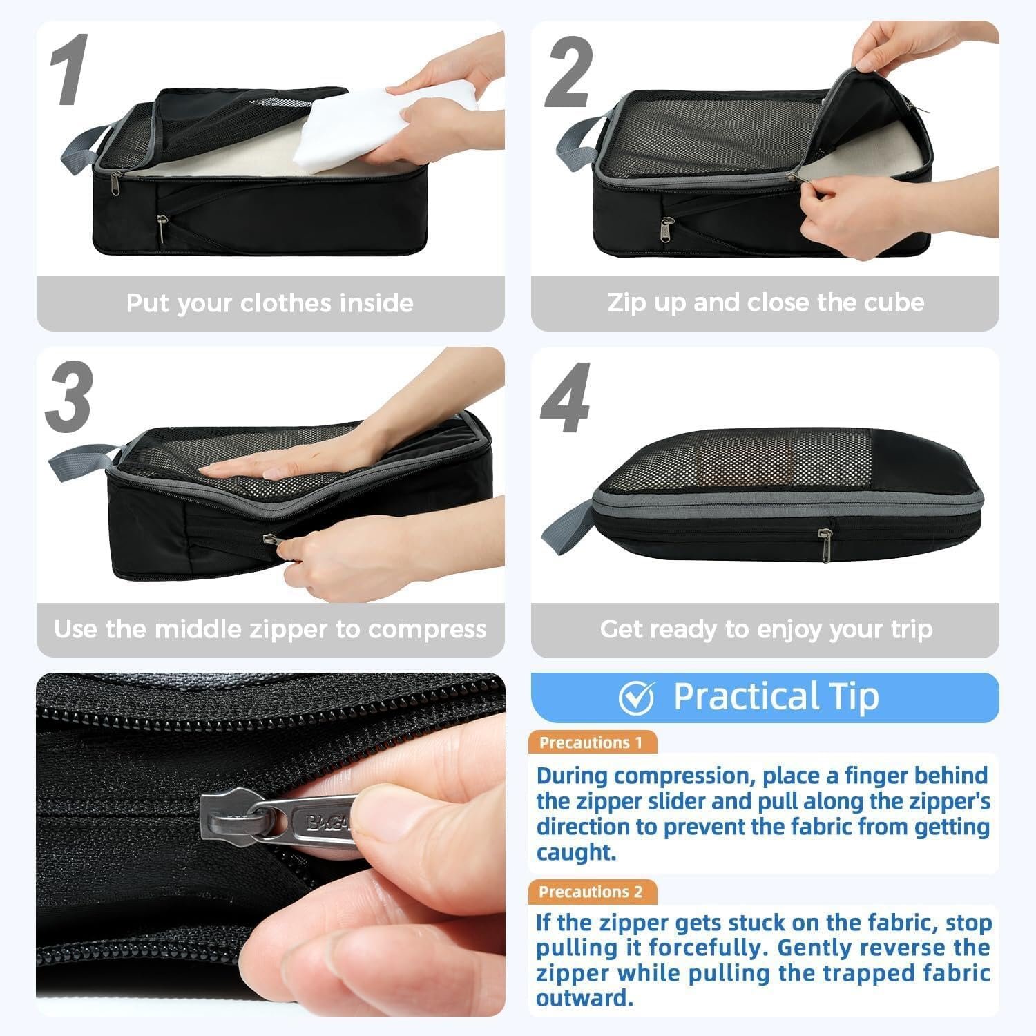 4/6/8套压缩打包立方 留学生海外宿舍行李瞬间瘦身 可扩展半网眼黑旅行收纳袋