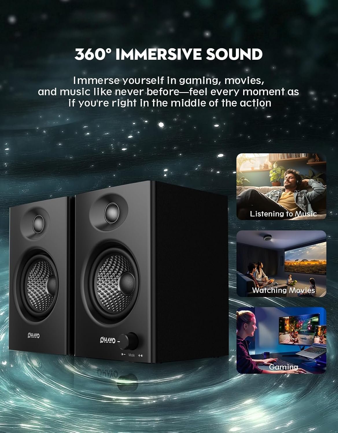 60W 蓝牙5.3 立体声电脑音箱 留学生宿舍书桌深夜听歌游戏解闷 桌面笔记本 Aux RCA USB 一对黑色