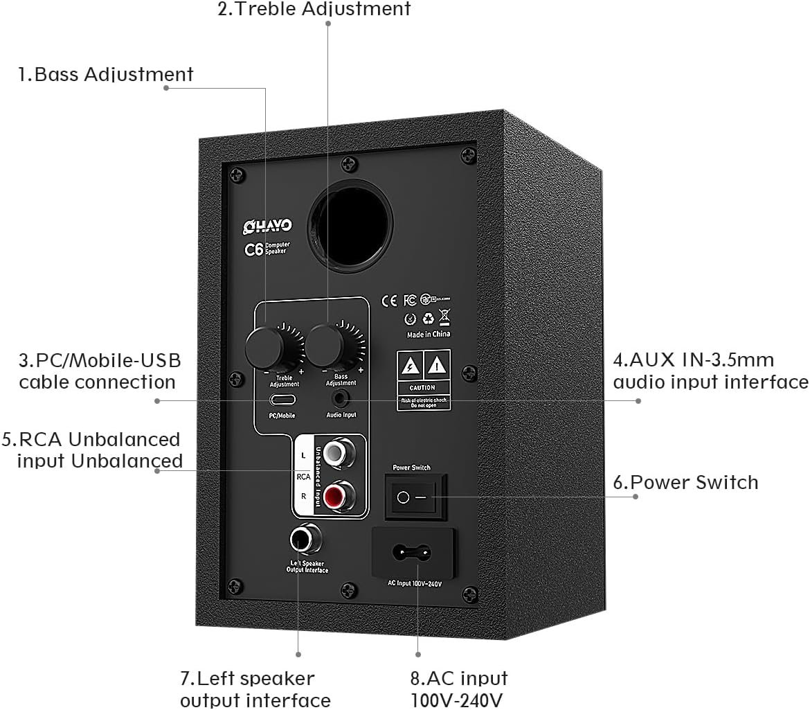 60W 蓝牙5.3 立体声电脑音箱 留学生宿舍书桌深夜听歌游戏解闷 桌面笔记本 Aux RCA USB 一对黑色