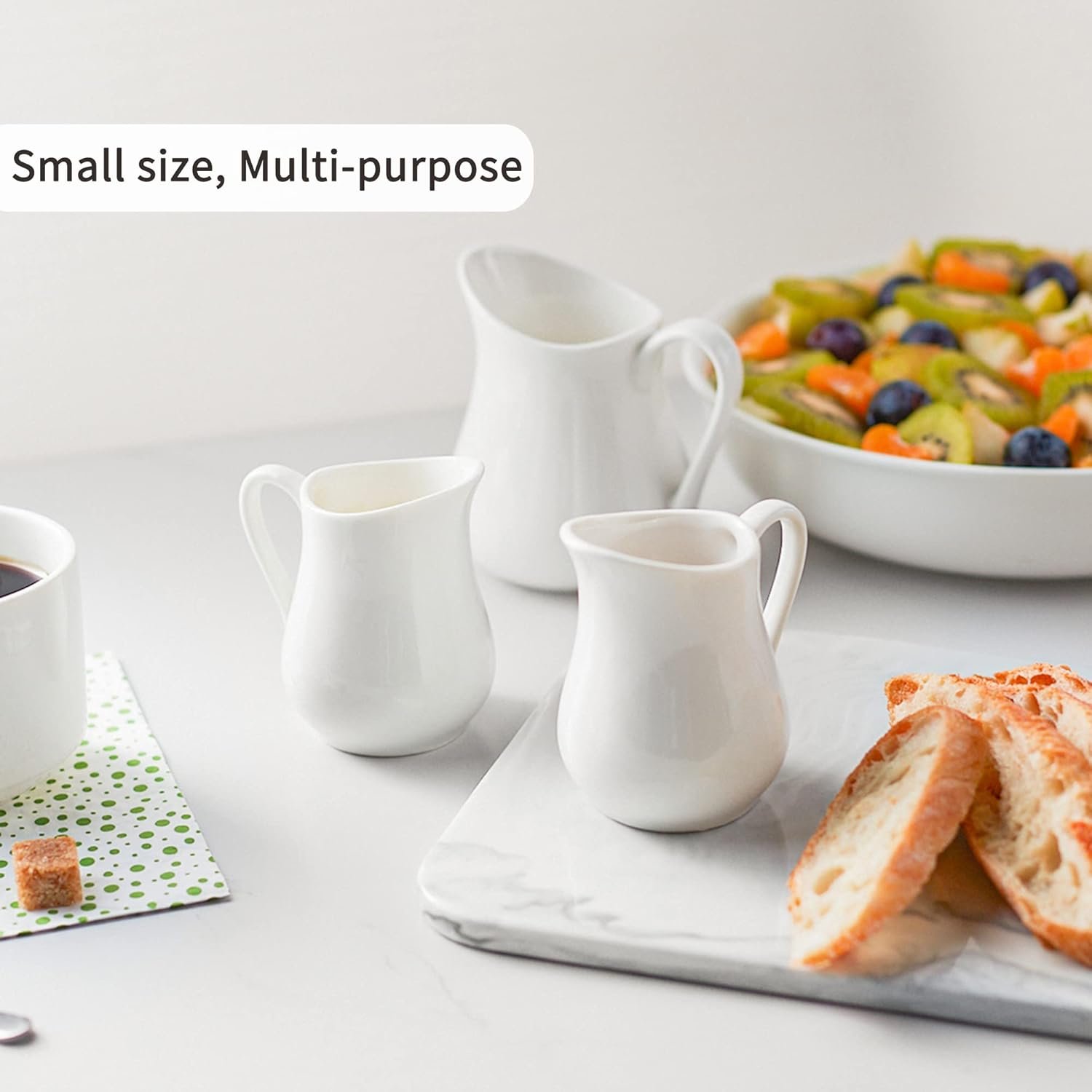 2件装4盎司白瓷小奶壶 留学生宿舍热牛奶泡咖啡瞬间温暖家乡味 带把手陶瓷酱料容器 微波冰箱安全