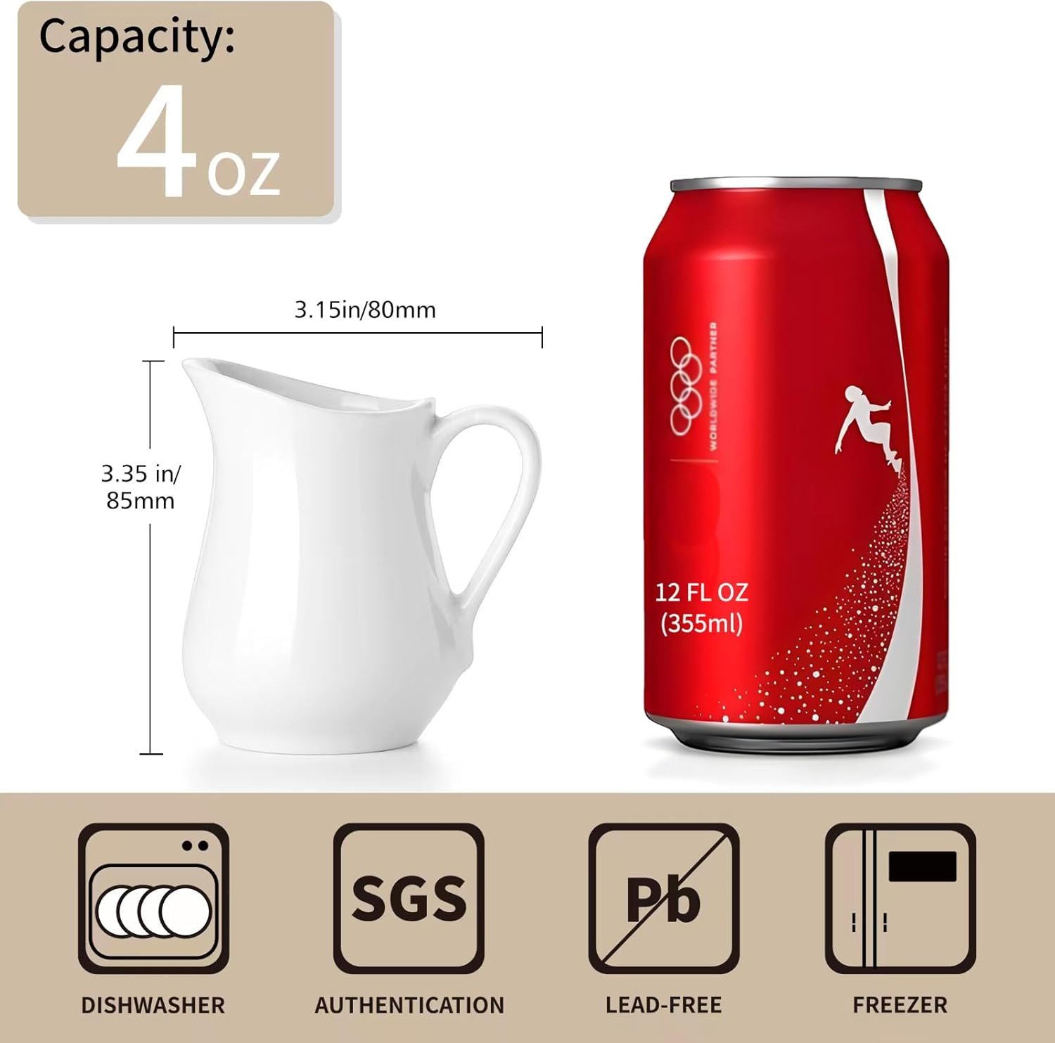 2件装4盎司白瓷小奶壶 留学生宿舍热牛奶泡咖啡瞬间温暖家乡味 带把手陶瓷酱料容器 微波冰箱安全