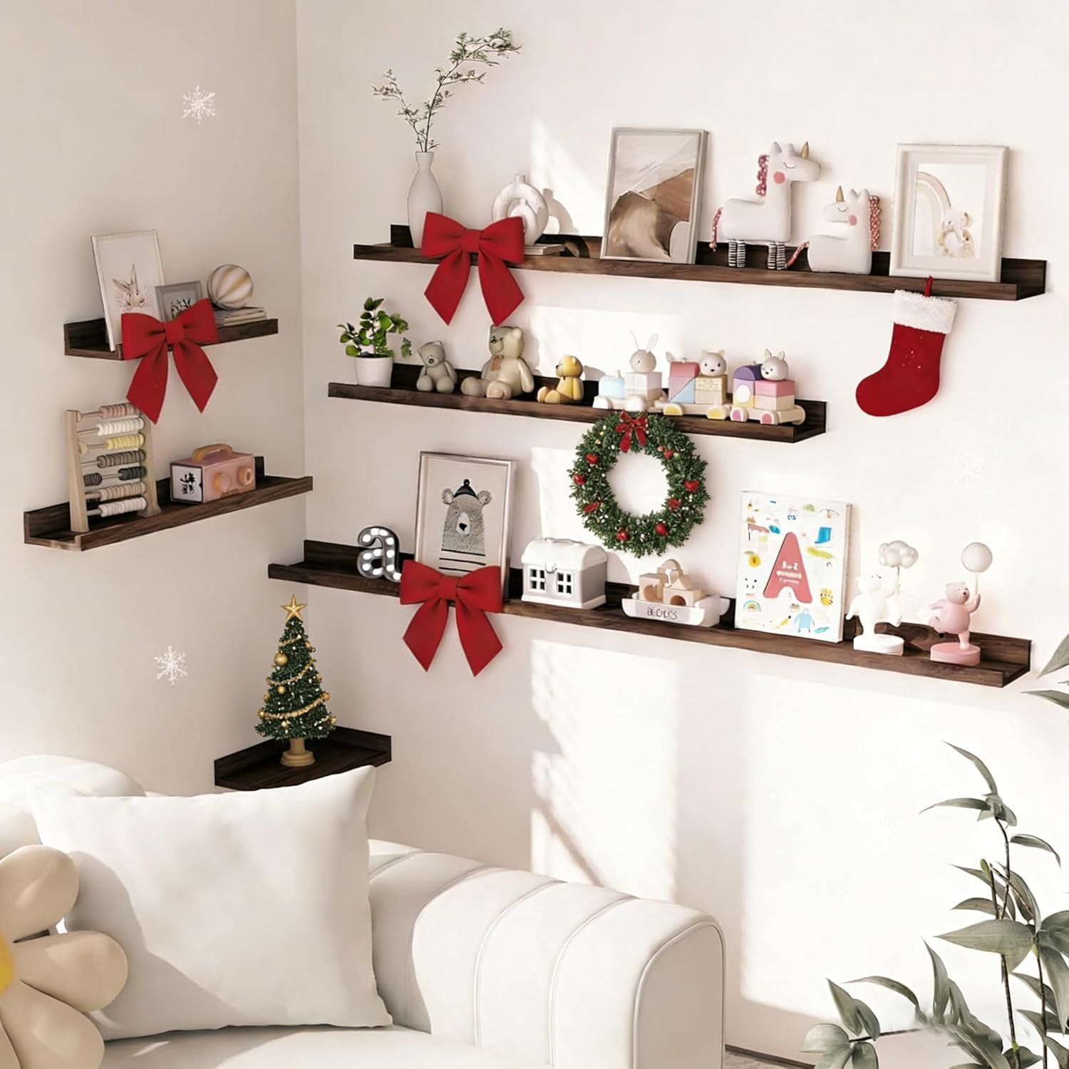 留学生海外出租屋墙上照片书架，浮动搁架2件套36英寸胡桃木，瞬间收纳书籍相框营造家乡温馨