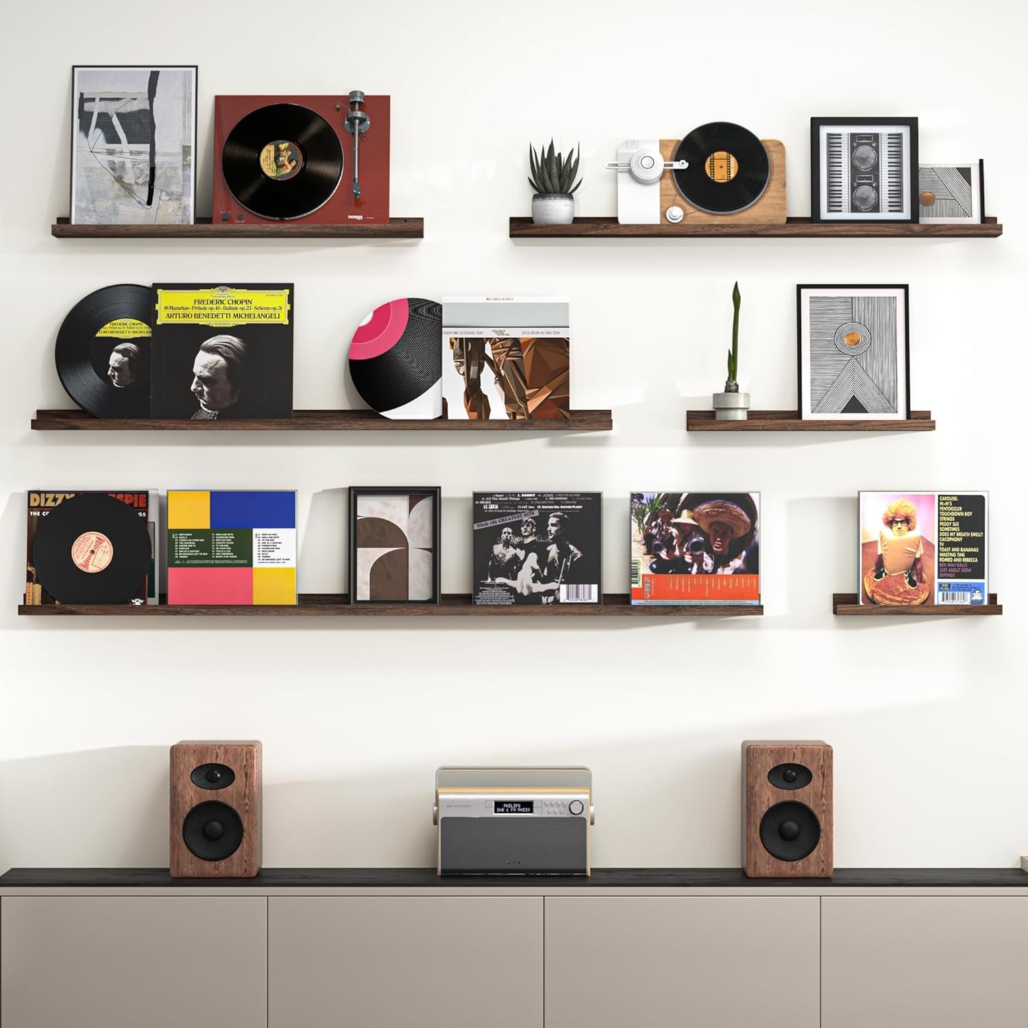 留学生海外出租屋墙上照片书架，浮动搁架2件套36英寸胡桃木，瞬间收纳书籍相框营造家乡温馨