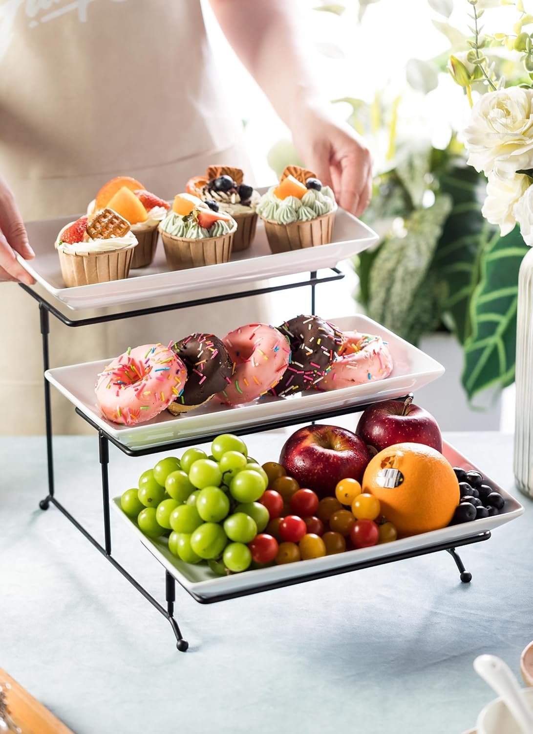 3层可折叠甜点侍应架套装 留学生宿舍派对分享自制零食展示台 12英寸大盘节省厨房空间