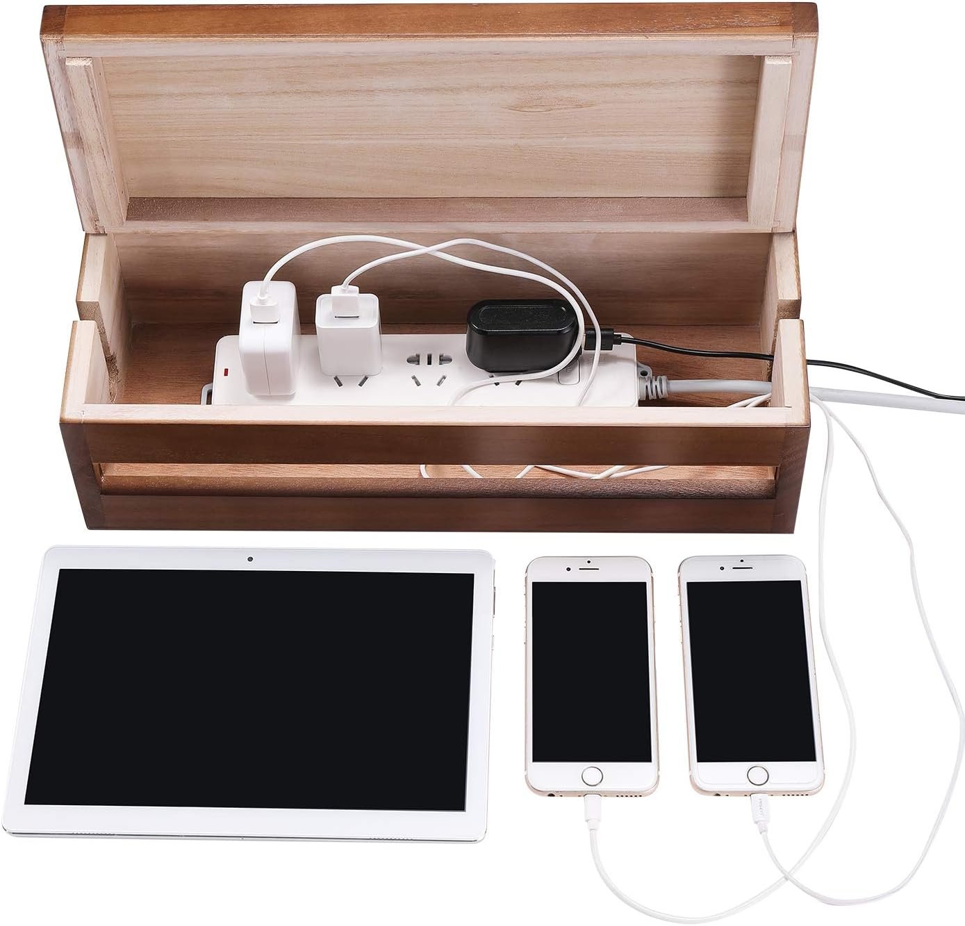 木质线缆整理盒 留学生海外宿舍书桌隐藏延长线电源条 瞬间整洁专注学习空间（棕色）