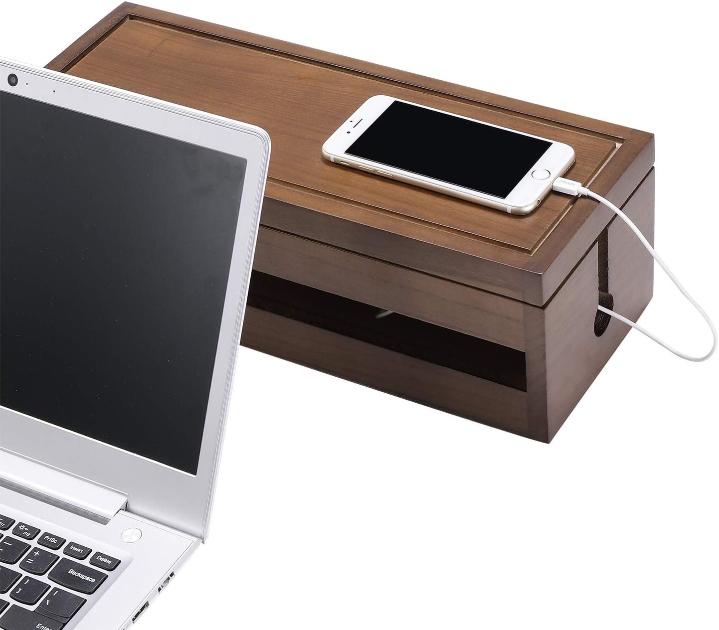 木质线缆整理盒 留学生海外宿舍书桌隐藏延长线电源条 瞬间整洁专注学习空间（棕色）