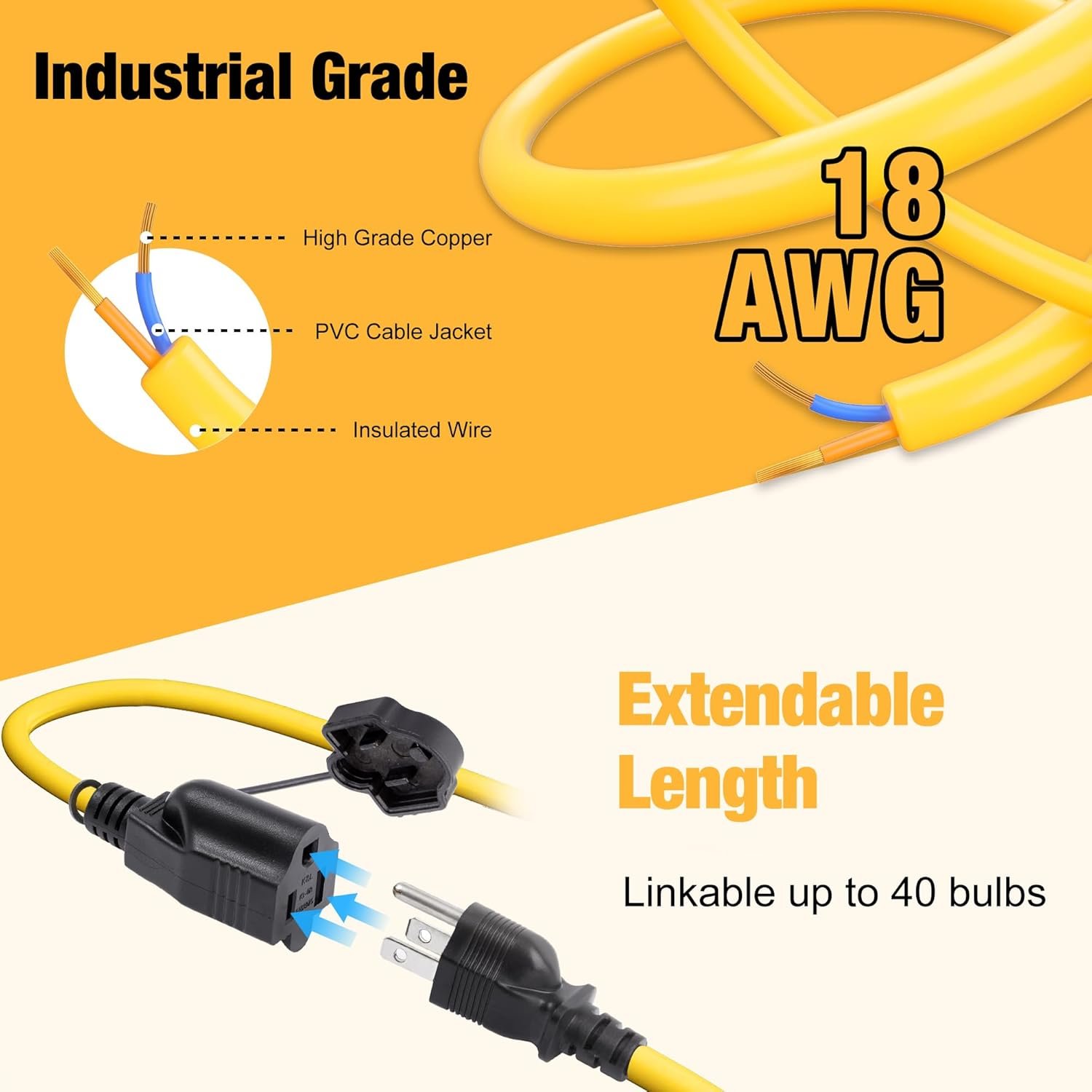 100FT三插头IP65防水建筑串灯 留学生海外租房DIY夜间照明 5000K日光18AWG线10灯泡钩子可链接 100FT三插头IP65防水建筑串灯 留学生海外租房DIY夜间照明 5000K日光18AWG线10灯泡钩子可链接