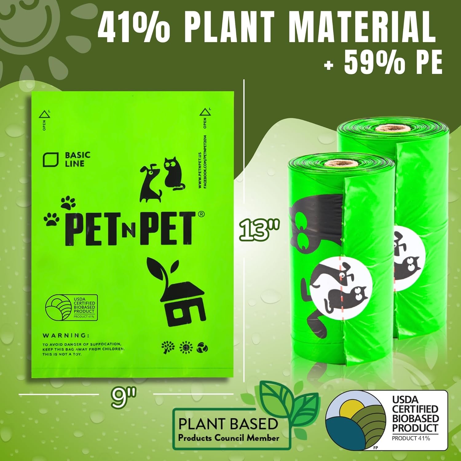 1080片超厚绿色狗狗粪便袋 留学生海外遛狗捡屎不手慌 41%植物基环保卷装 9x13英寸无味