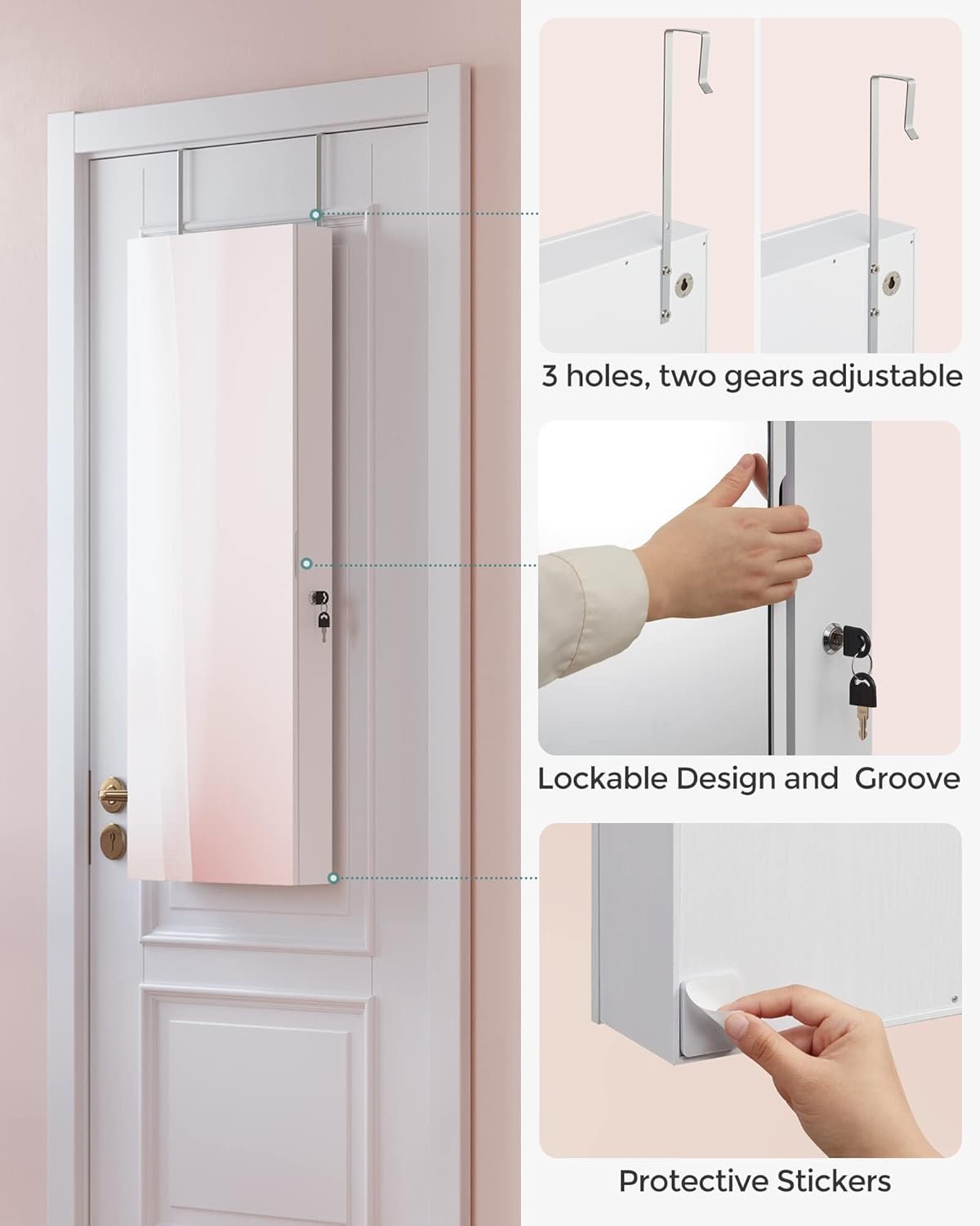 宿舍墙挂镜面首饰柜 带灯全身镜+内置化妆镜 2抽屉可锁白色 留学生小空间速变时尚化妆间