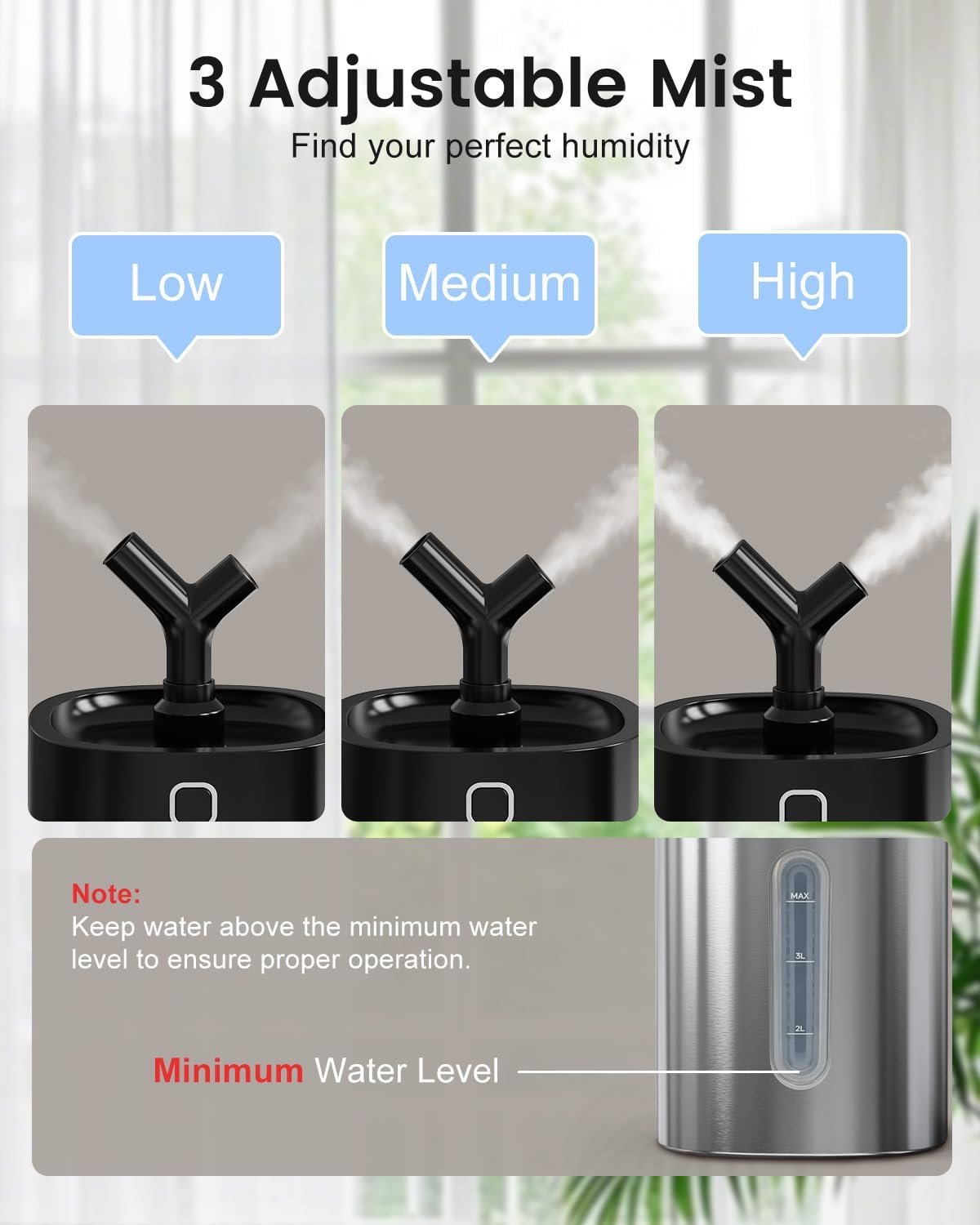 不锈钢4L冷雾加湿器 留学生宿舍干燥冬夜湿润好眠 洗碗机易洁大容量 卧室办公室植物黑