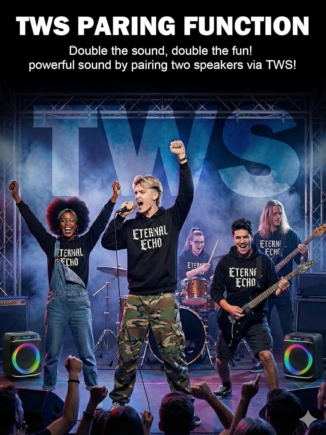 80W便携音箱 重低音RGB氛围灯 TWS双连EQ调节 留学生宿舍周末狂欢神器 户外家趴礼物(黑)