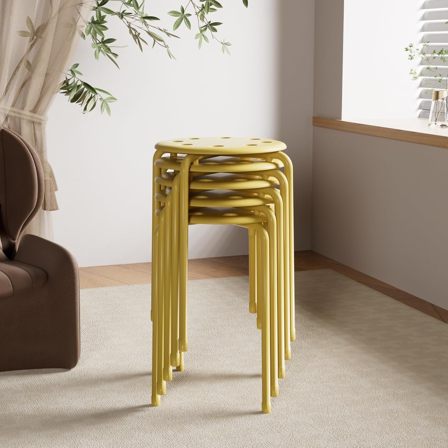 6件套17.7英寸黄色彩可堆叠矮凳 留学生宿舍空间紧张瞬间多座聚会解决方案