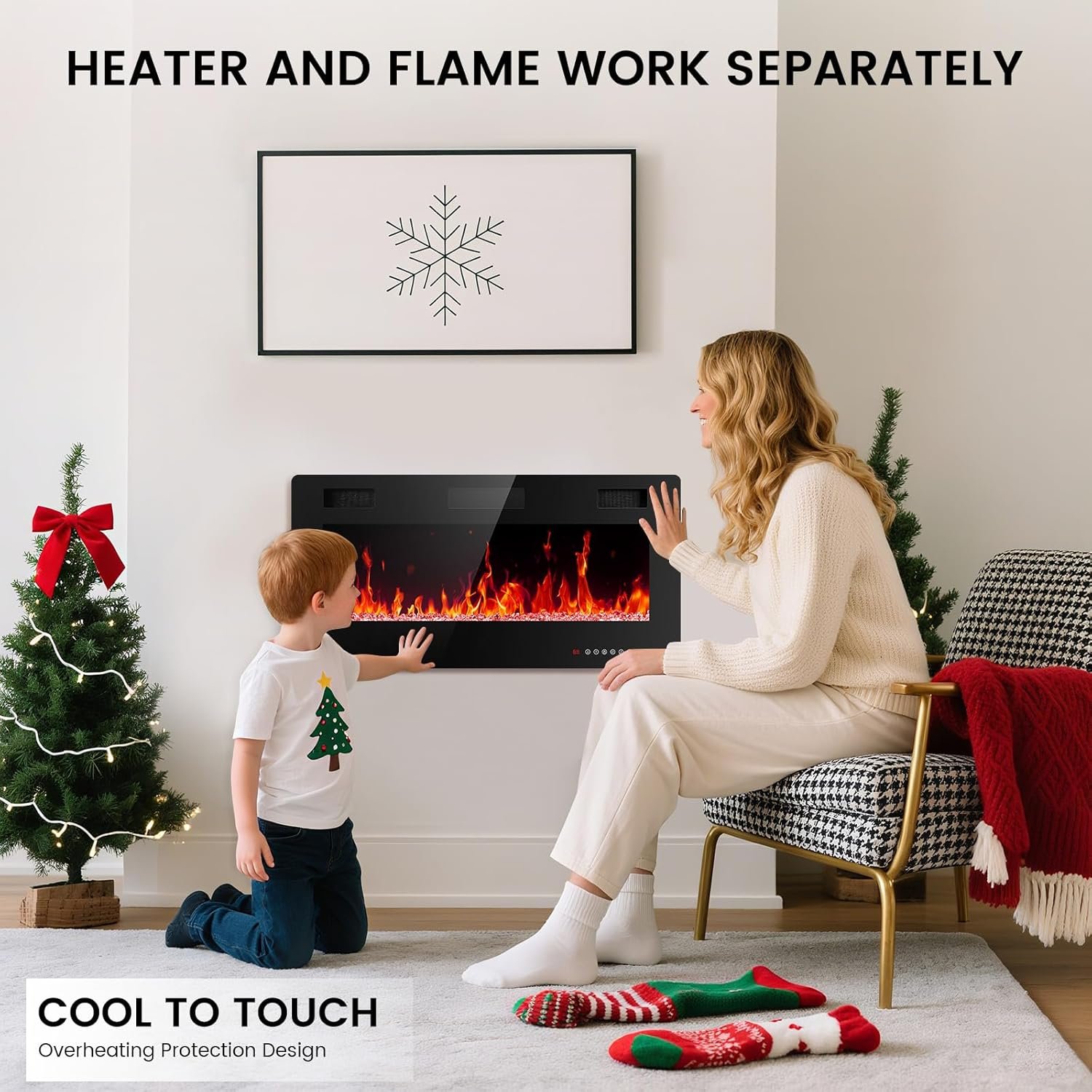 36英寸嵌入式壁挂电壁炉，留学生海外小窝冬夜暖心火光，遥控加热750/1500W定时多色火焰提归属感