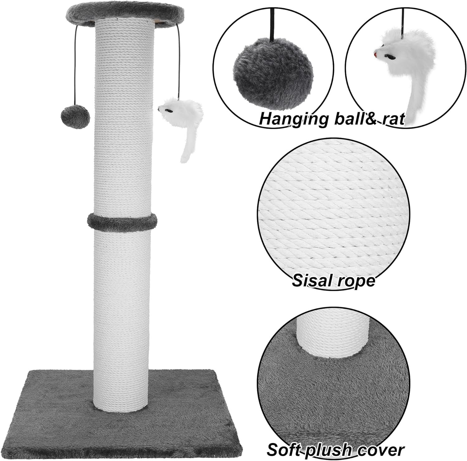 留学生小窝重型猫抓柱 34英寸厚棉绳缠绕带球鼠玩具 室内猫磨爪娱乐缓解独居孤独（灰）