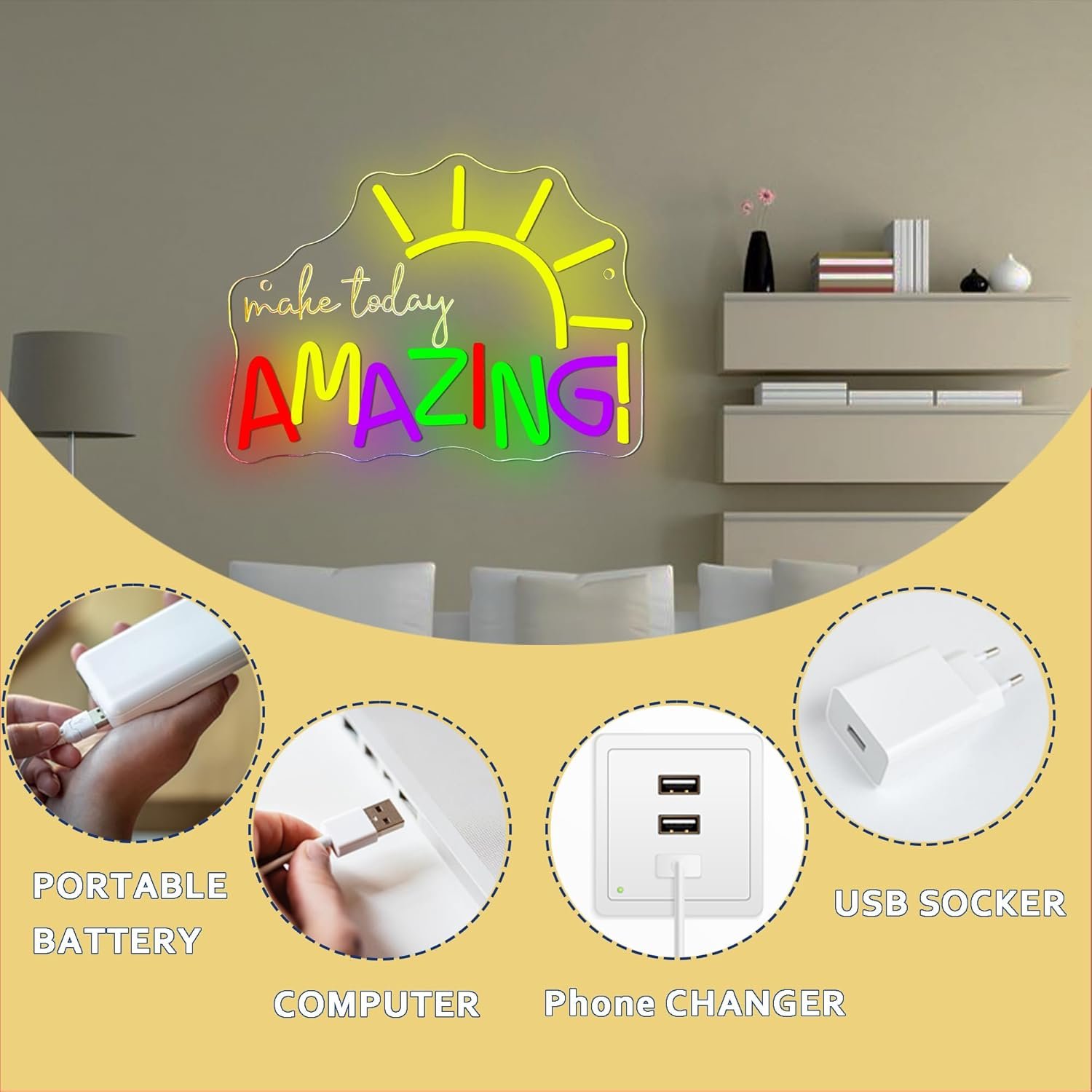 Make Today Amazing 励志霓虹灯 | 留学生宿舍书桌点亮海外独处学习瞬间，USB可调光正能量氛围装饰（30x22cm）